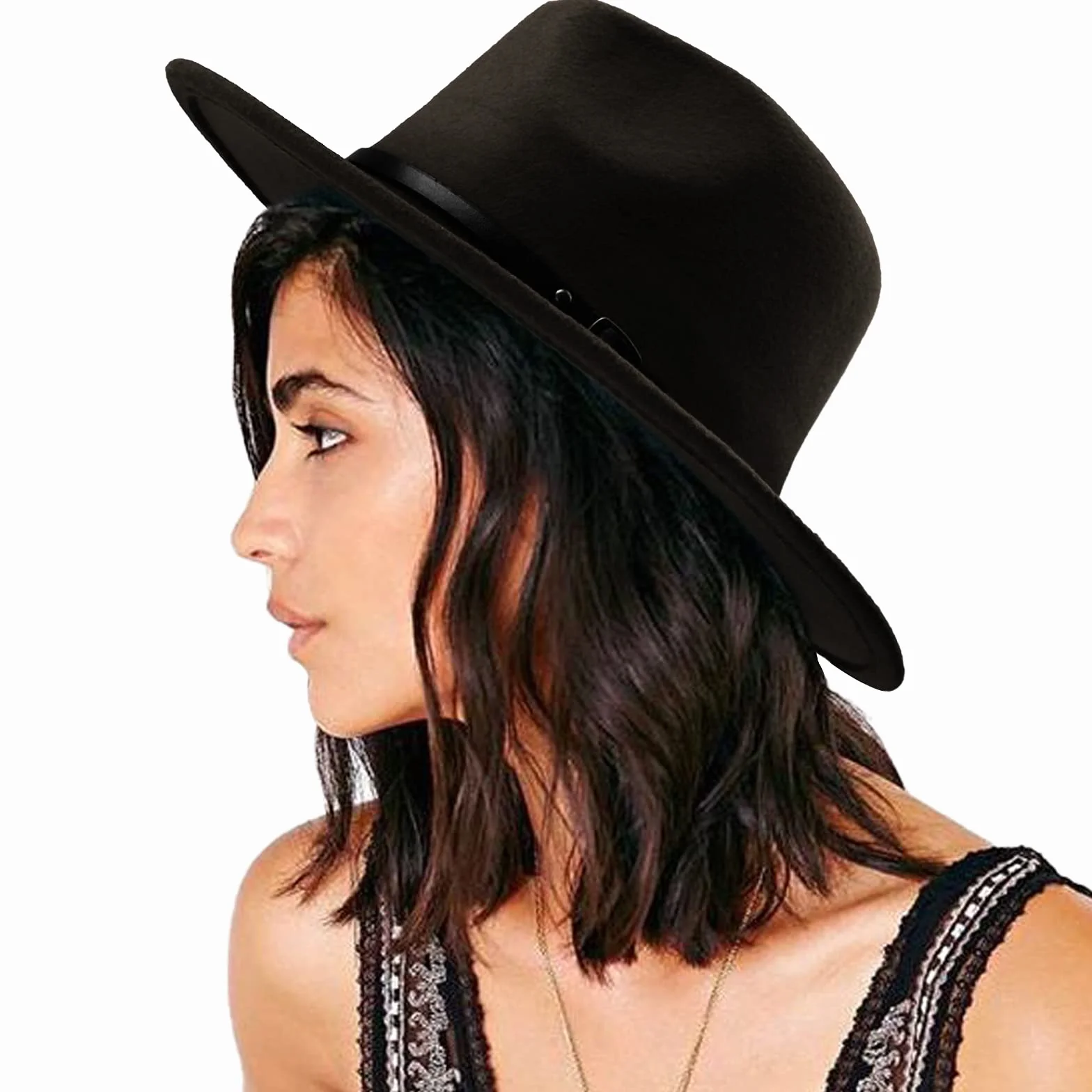 DRESHOW Sombrero de ala ancha Fedora para mujer Hebilla de cinturón Retro Panamá Floppy Hat