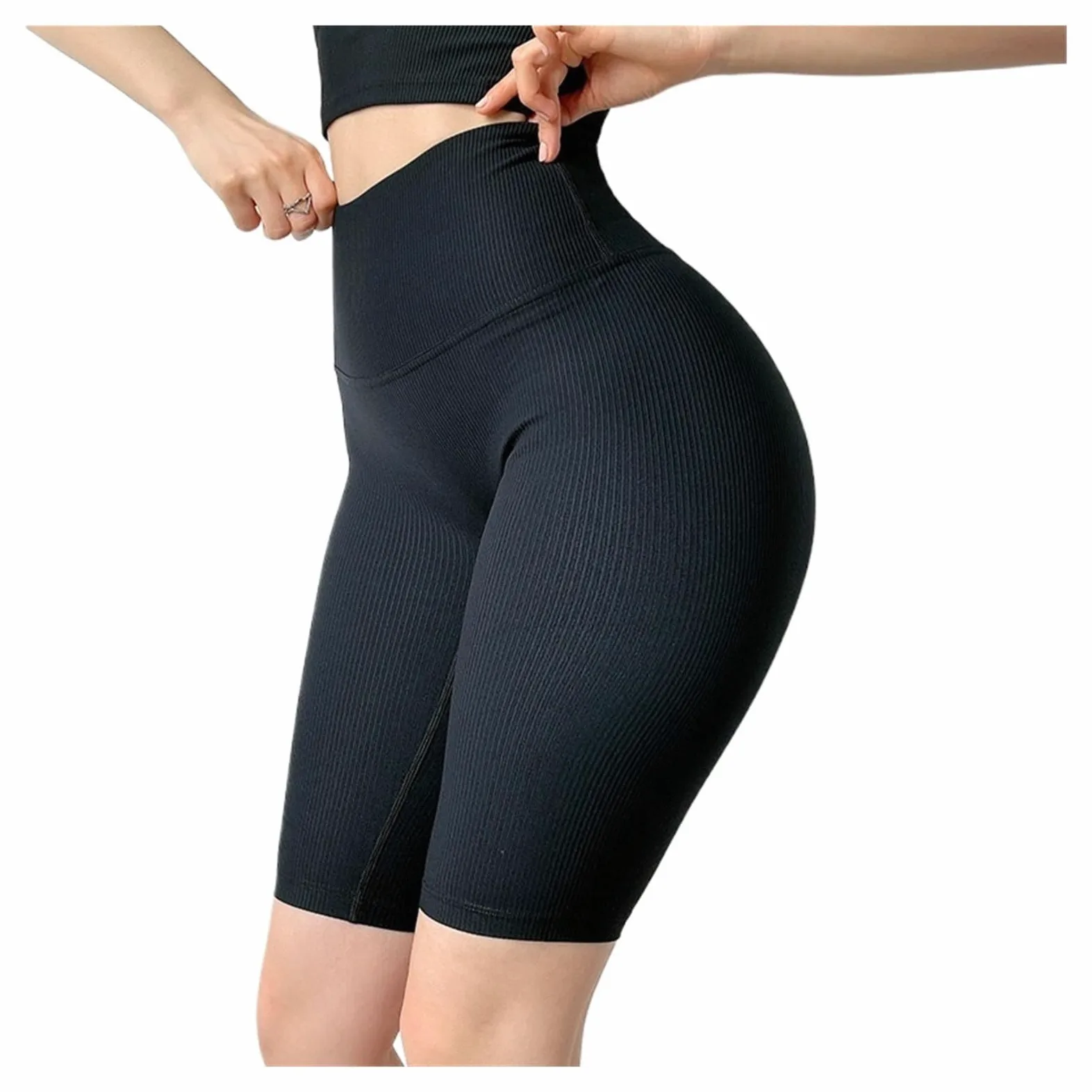 Yoga Pantalones Cortos Pantalones Cortos de Tejido Acanalado for Mujer, de Cintura Alta, for Ciclismo, Gimnasio, Correr, Yoga, Ajustados, con Rosca.(Black,L)
