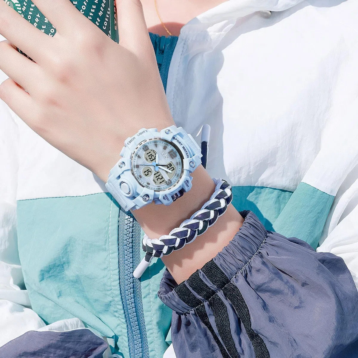 findtime Reloj deportivo para mujer, relojes para estudiantes, adolescentes, con alarma, cronómetro, resistente al agua, deportivo, analógico, digital, blanco, morado, rosa, negro, azul