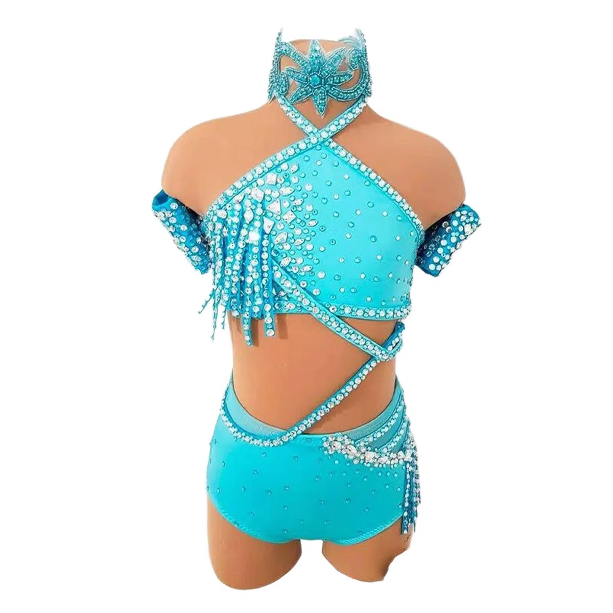 Traje danza lírica moderno niña mujer strass flecos dos piezas