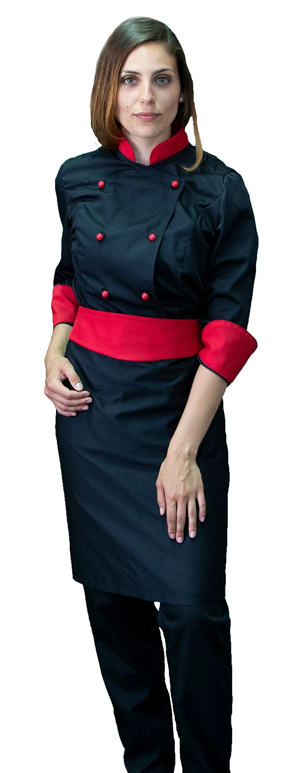 Bordado gratuito – Conjunto de cocinero de cocina – negro y rojo – uniforme de chef mujer – Pantalón, chaqueta y delantal – Fabricado en Italia