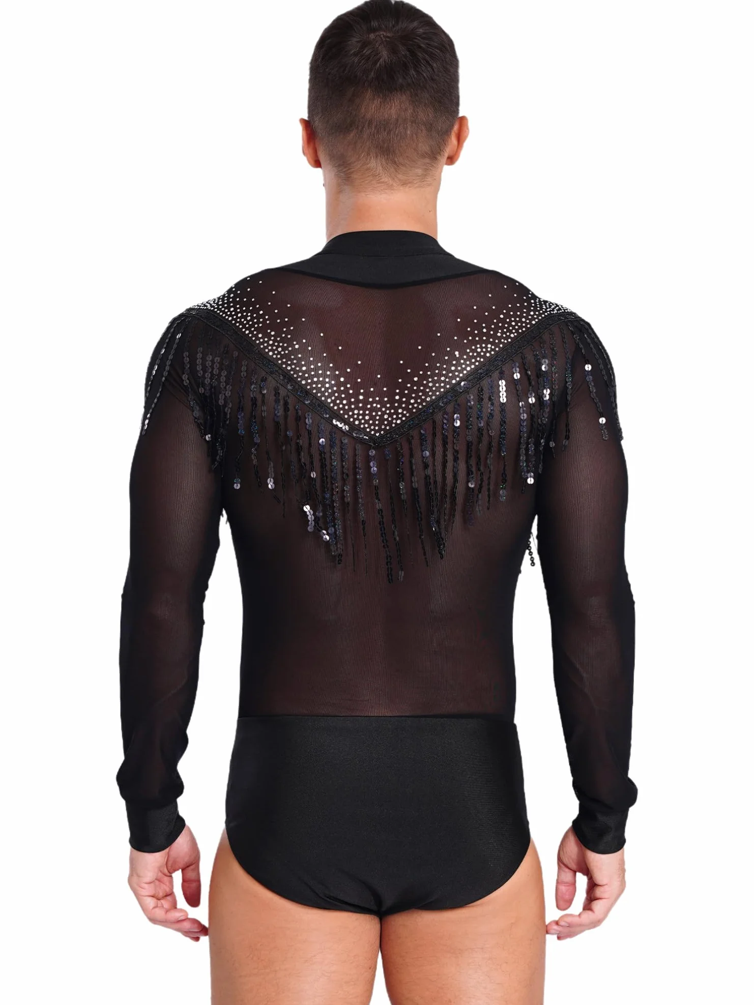 MSemis Body Manga Larga Baile Latino para Hombres de Gimnasia Rítmica con Diamantes Brillantes
