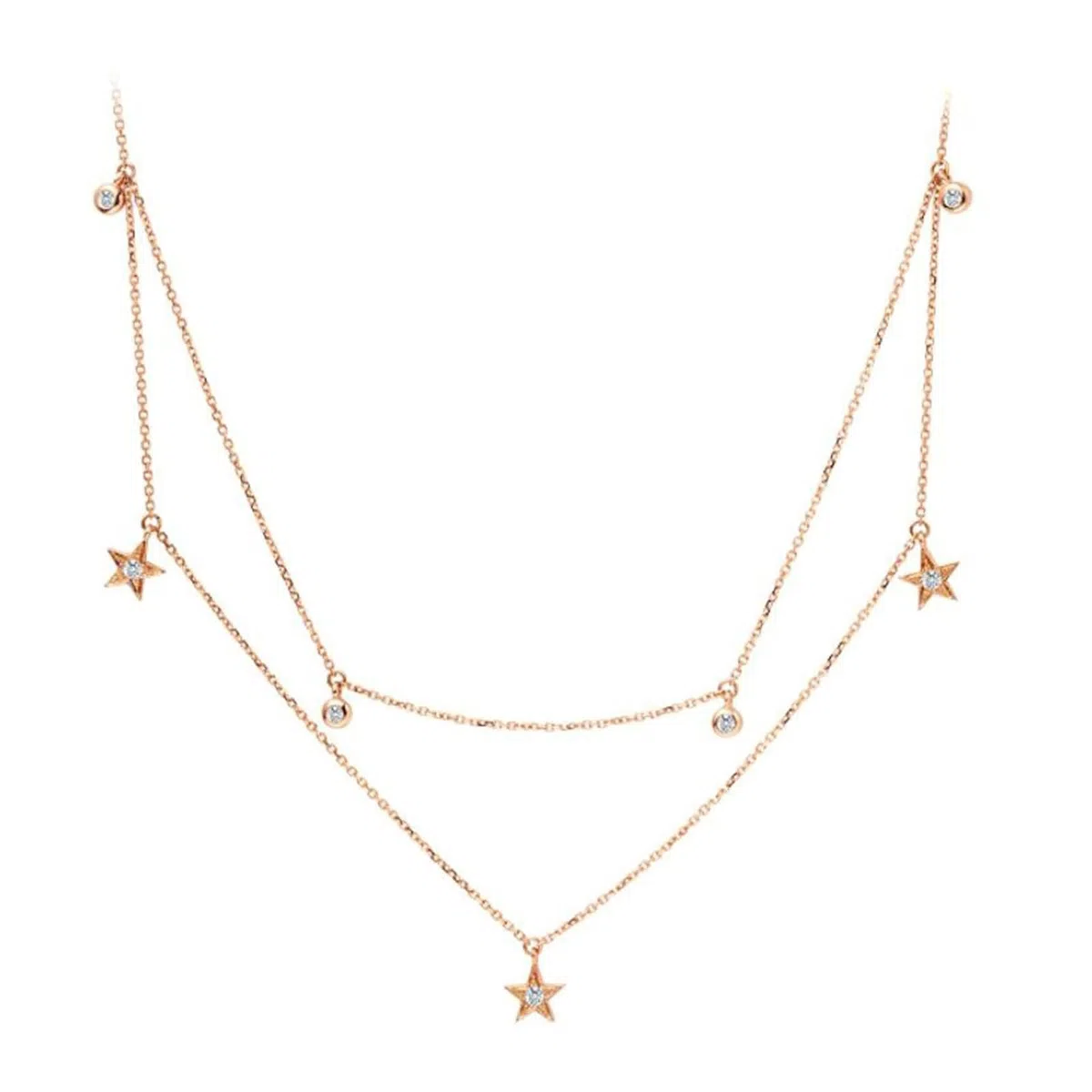 Collar con colgante, collar de cadena para mujer, estrella de doble capa con diamante de 0,14 quilates, oro rosa de 9/14/18 quilates, 45 cm