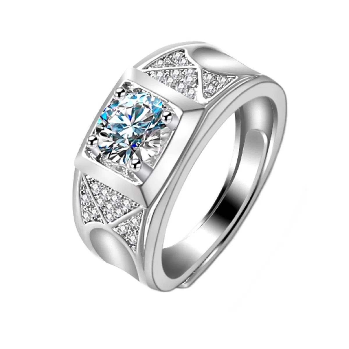 Wycian Anillo para hombre, anillo de plata de 18 quilates, oro blanco de 18 quilates, diamante de laboratorio, ancho geométrico de 4 dientes, piedra redonda con circonita de 1 quilate, talla 54 (17,2
