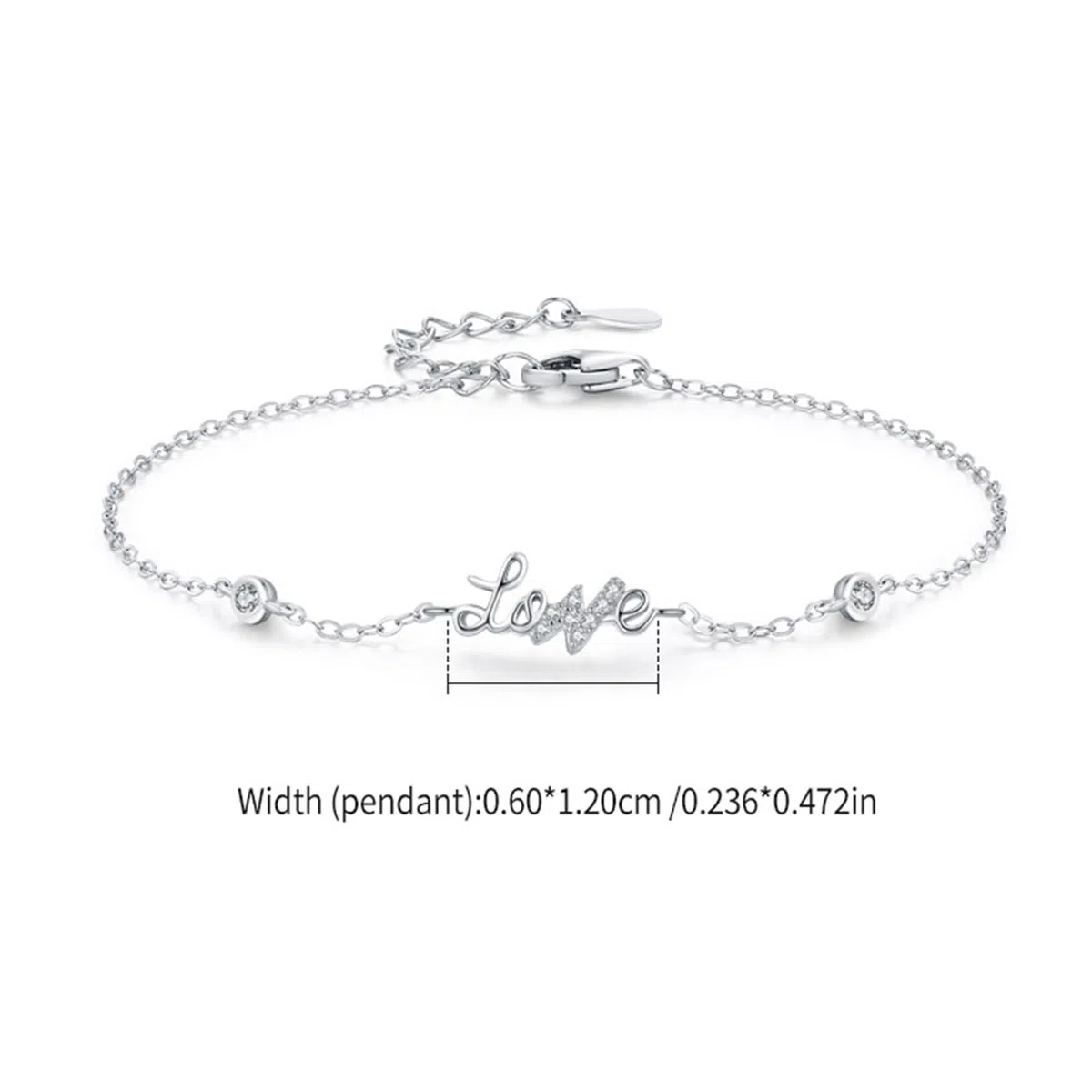 Pulseras de Oro Blanco 9 Kilates / 14 Kilates / 18 Kilates Mujer, Letra love con Diamante Creado, Cadena Extensible 16 CM + 5 CM, Pulseras para Mujer Plata