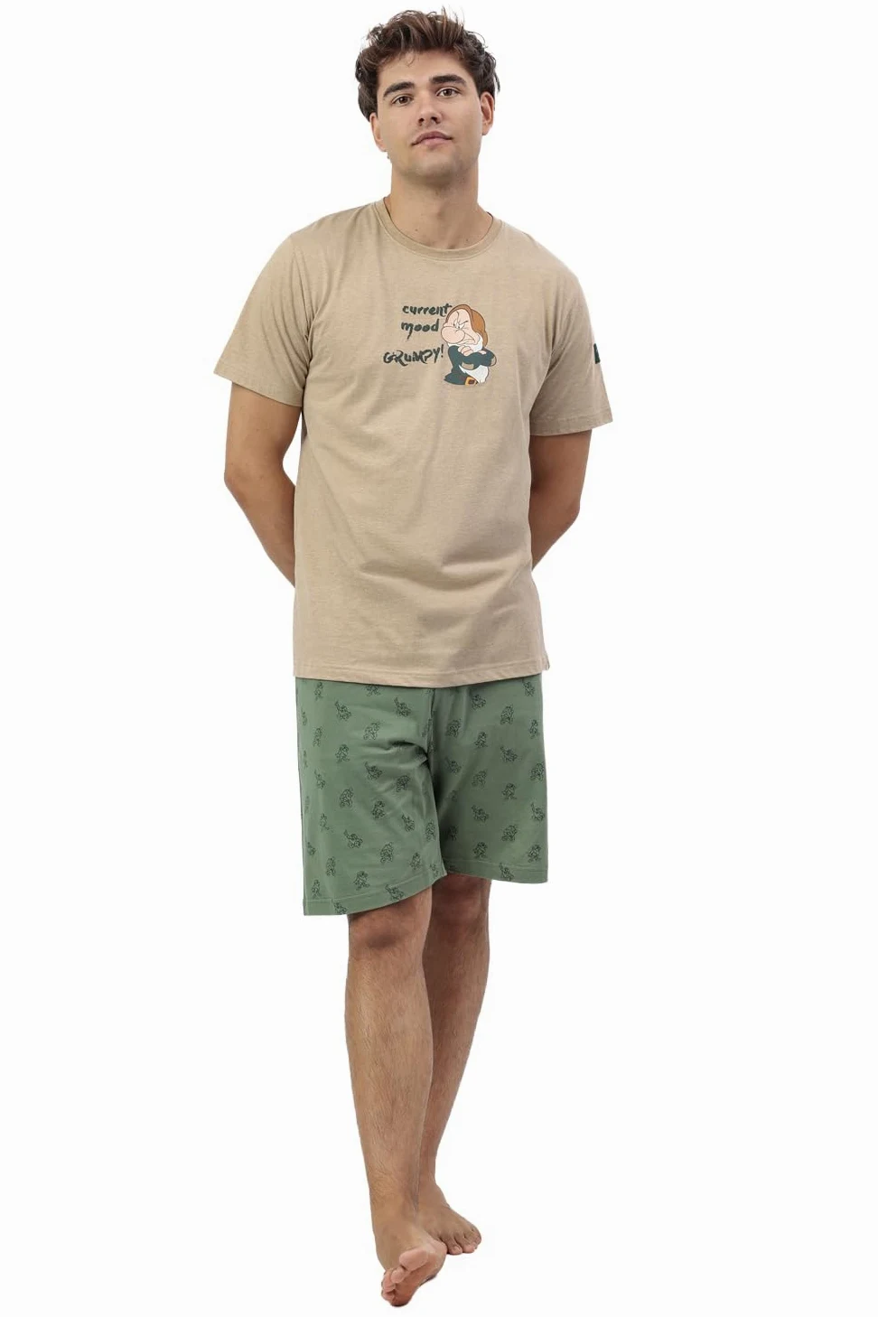 Disney Pijama Hombre Grumpy curent Mood de algodón con Manga Corta Cuello Redondo pantalón Corto Punto vigoré Bolsillos Laterales y Relieve Color Camel Talla XXL
