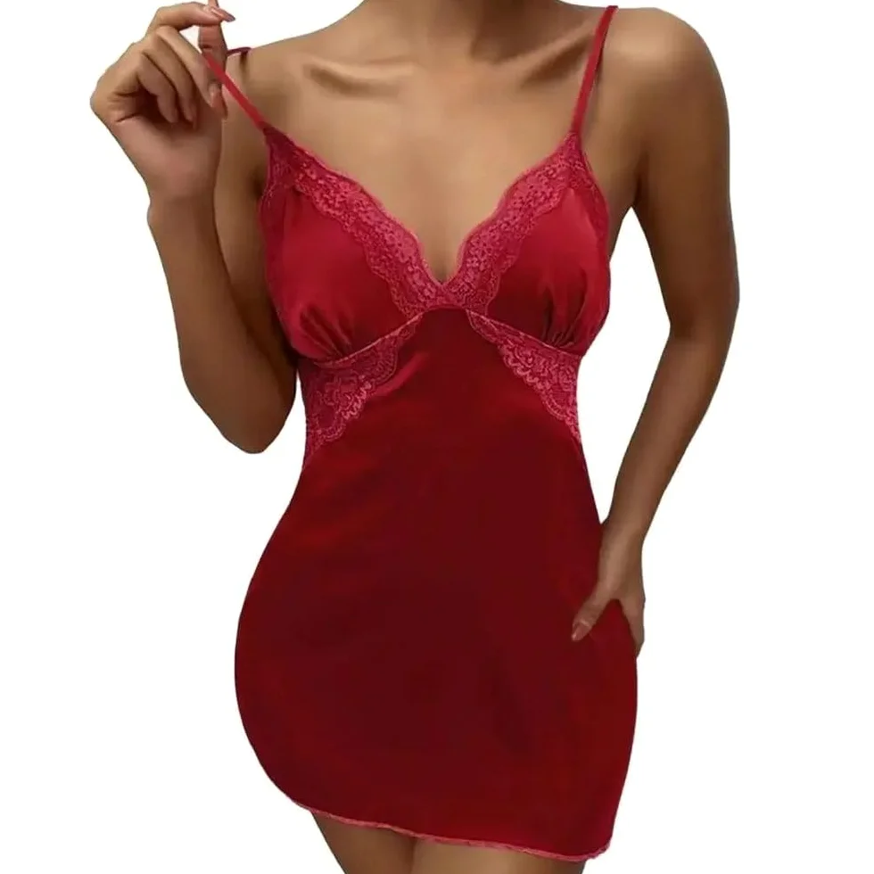 Camisón para Mujer - Camisón De Color Sólido para Mujer, Camisón De Verano con Cuello En V Transparente De Encaje Transparente, Pijamas para Mujer, Vestido De Camisón para Mujer, Camisón Sin Es