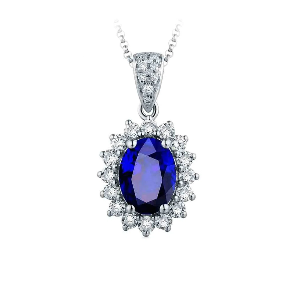 Collares colgantes para mujer, collares de oro blanco de 18 quilates para mujer, 0,58 quilates, zafiro azul, flor ovalada, collar de diamantes de imitación de plata