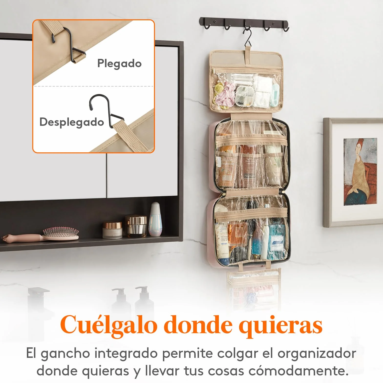 Lifewit Neceser Mujer Viaje, Bolsa de Maquillaje Organizador para Colgar, Grande Bolsas de Aseo con 4 Compartimentos Transparentes, Makeup Bag con Gancho, Grande, Rosa