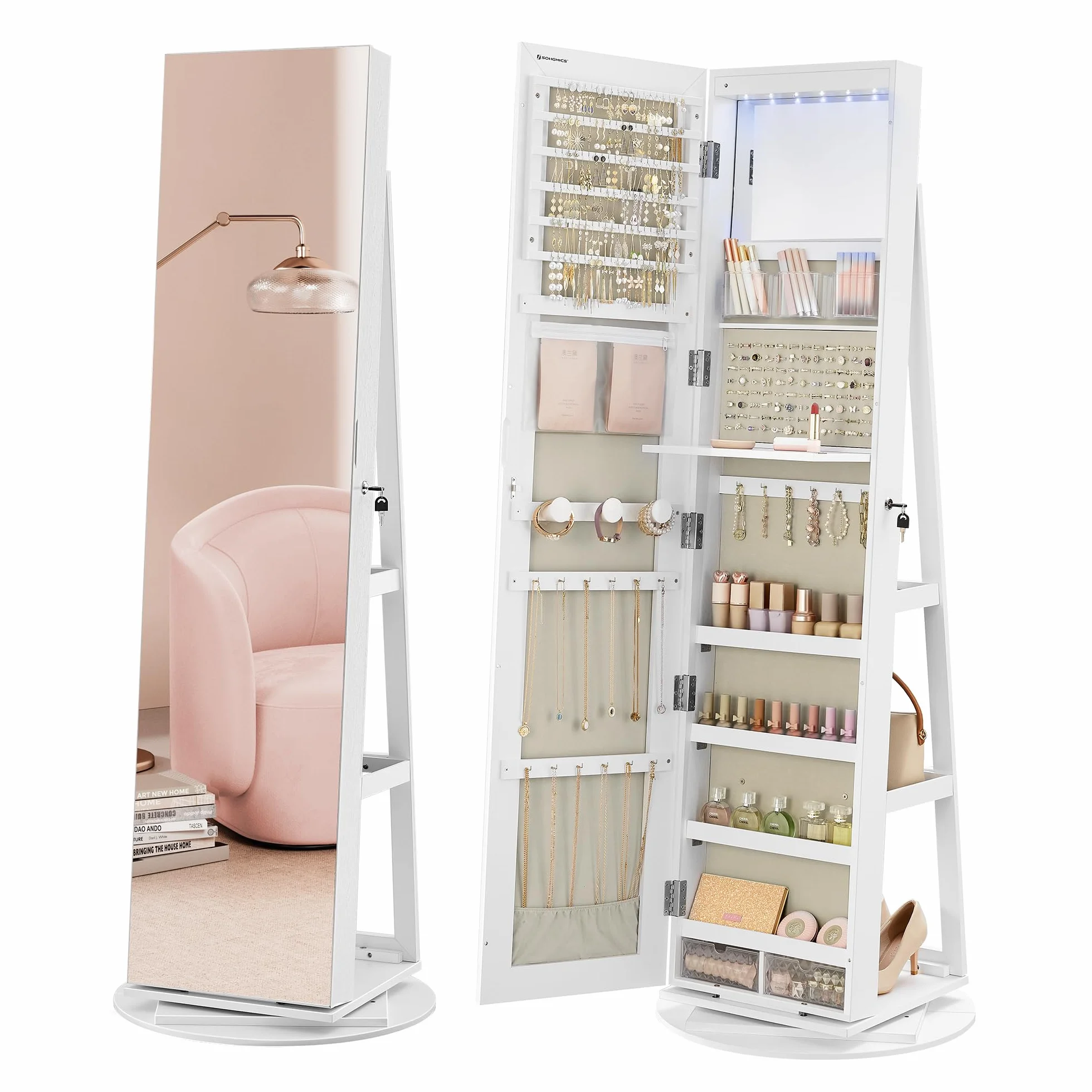 SONGMICS Espejo Joyero con 6 LEDs, Armario de Joyas de Giro de 360°, Organizador de Joyería Giratorio, sin Marco, Espejo Completo, 3 Estantes, Superficie Blanco, Forro Greige JJC007W02