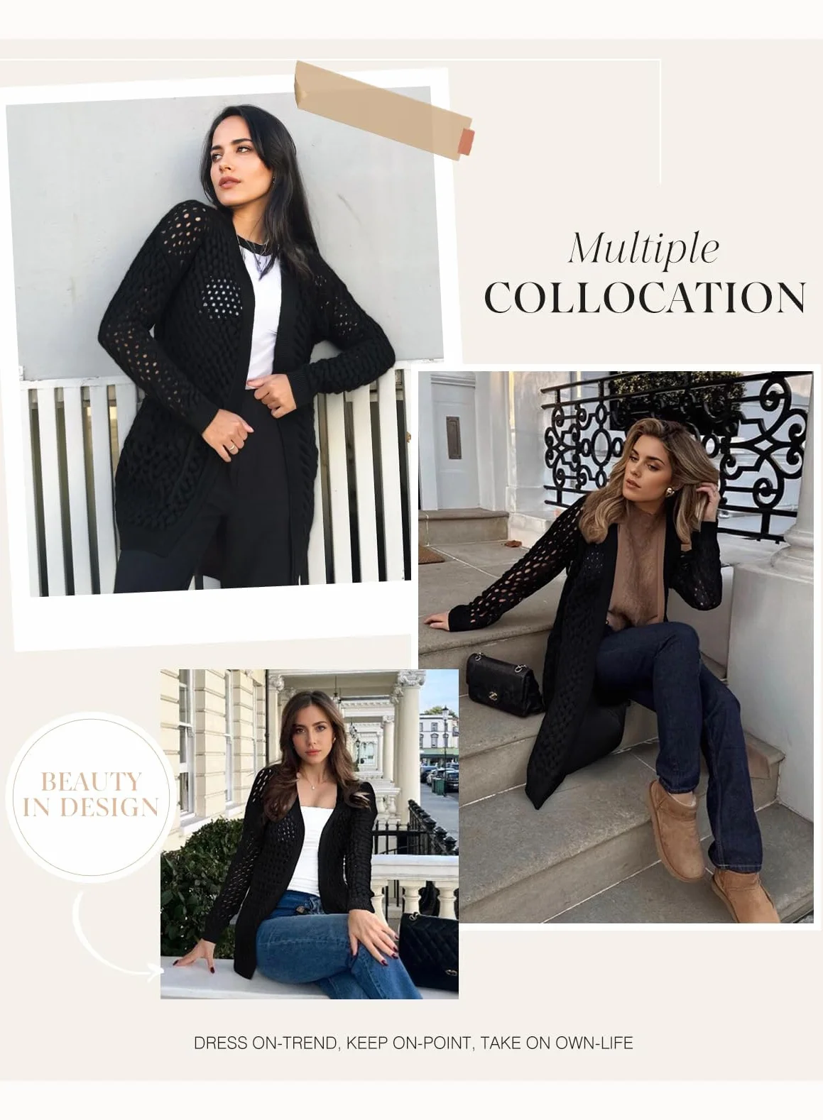Chaqueta larga de punto para mujer, chaqueta de punto frontal abierta, abrigo con bolsillos, ropa exterior holgada informal para uso diario, Negro , S