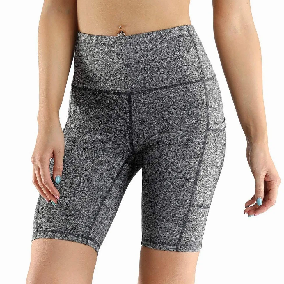 Mujer Mallas Shorts de Yoga, La alta cintura del entrenamiento de la yoga de las mujeres Pantalones cortos Bolsillos flexión de la energía transpirable flaco Correr Activewear pantalones calientes con