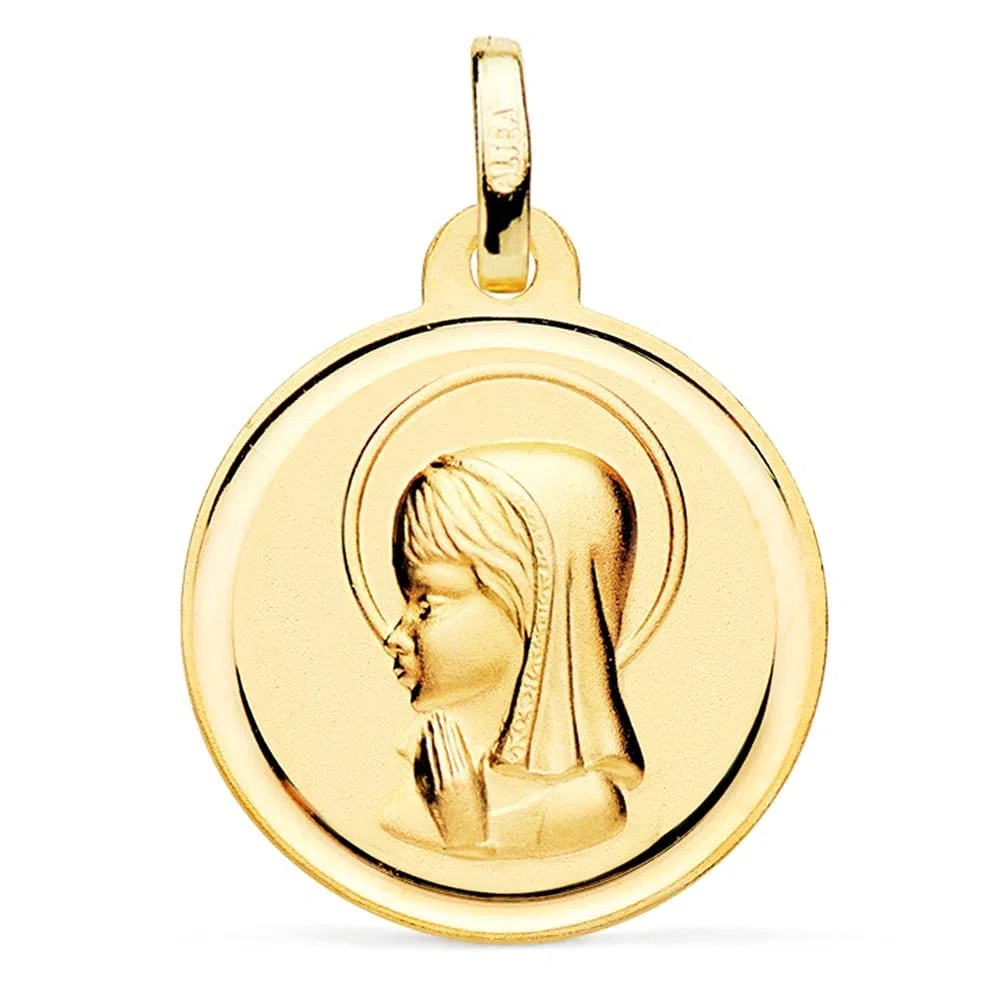 Medalla oro 18k Virgen Niña 18mm. relieve lisa detalle cerco redonda