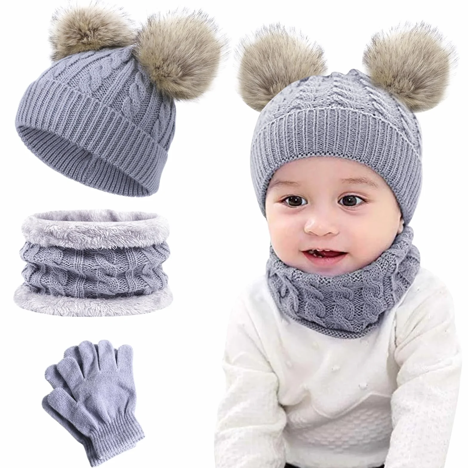 JSTHHTT 3 in 1 Conjunto de Gorro Bufanda y Guantes Niños, Térmico Pompón Beanie Gorro, Sombrero de Punto Invierno Cálido con Pompon, para Niños Niñas 2-4 Años