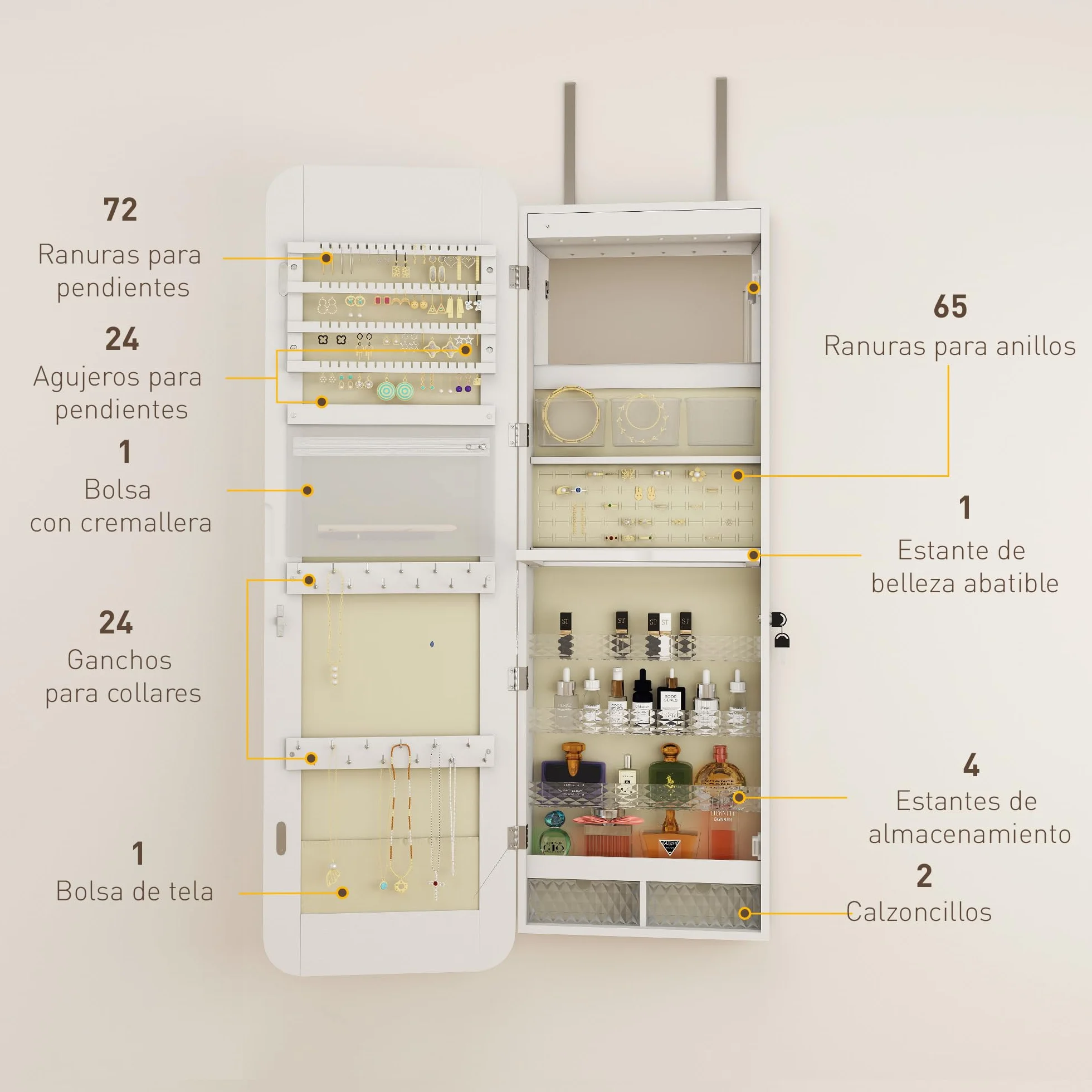 HOMCOM Espejo Joyero con Luz LED, Armario Joyero Montado en la Pared o en la Puerta, Armario para Joyas con Cerradura, Espejo Entero sin Marco, 2 Cajones, para Regalo, 37x10x120 cm, Blanco