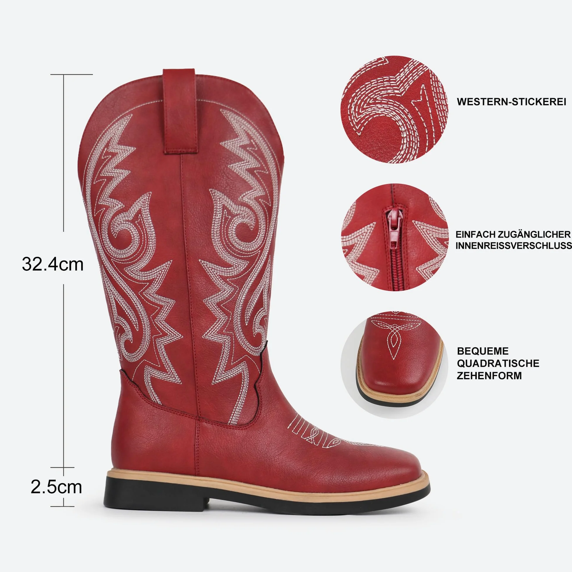 Hawkwell Botines de vaquero para mujer, con puntera cuadrada, cremallera lateral, bordadas, tacón bajo, botas de estilo occidental de media pantorrilla