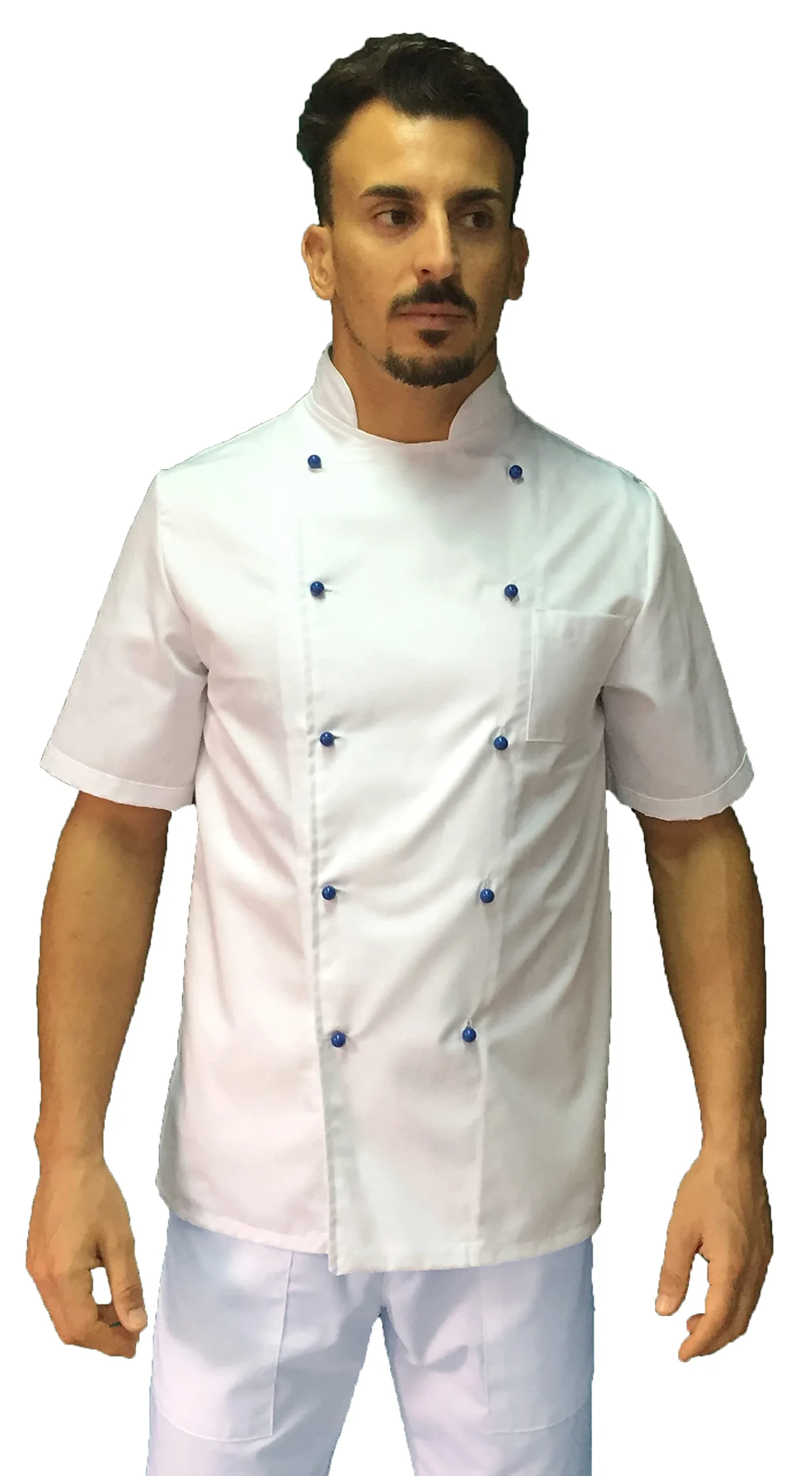 Chaqueta de cocinero para hombre – blanca de manga corta – Botones azules – Casaca Chef – Camiseta personalizable para cocina y restaurante – Fabricado en Italia
