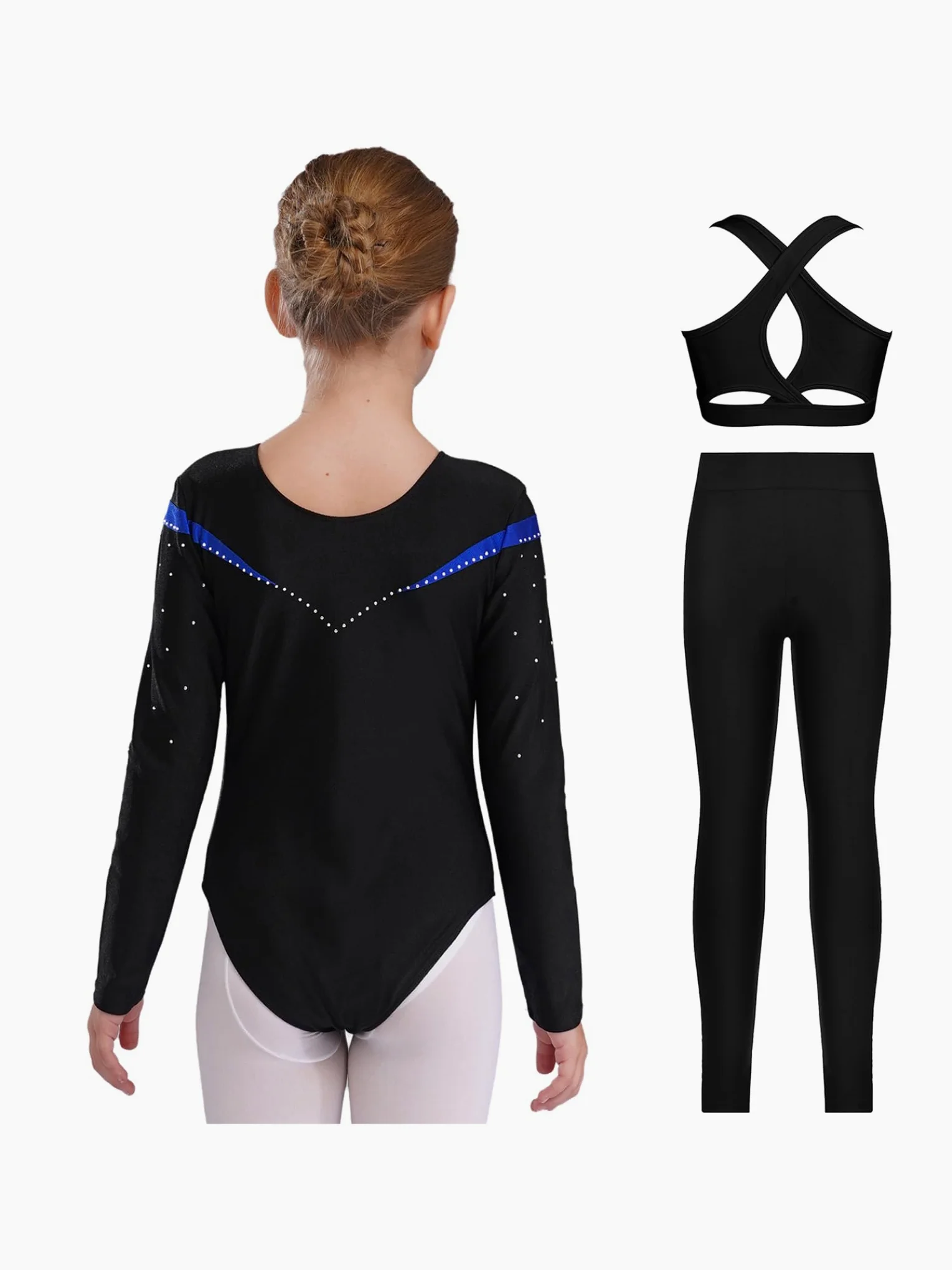 Piezas De Traje De Gimnasia Con Destellos Para Niñas Leotardos De Gimnasia De Manga Larga Tops De Deporte Brasier Y Pantalones Traje De Baile Para Azul 11-12 años