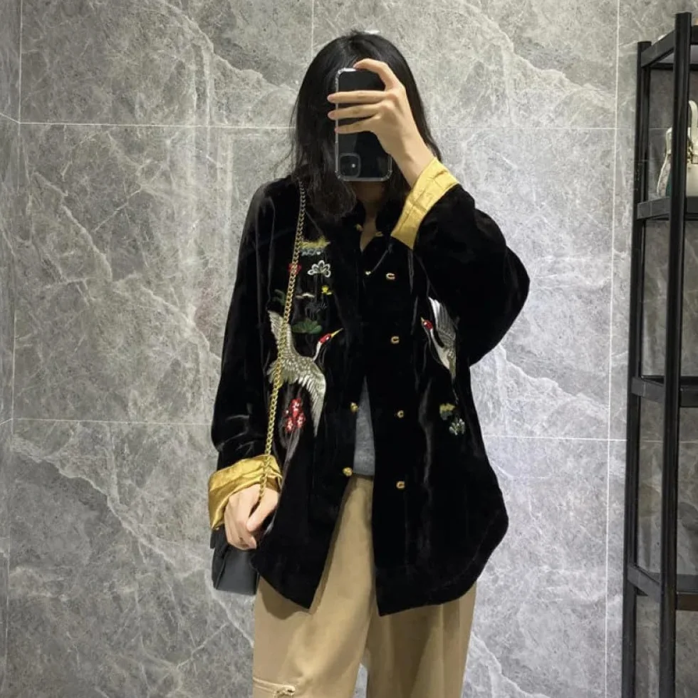 Chaqueta Primavera Estilo China Mujer Abrigo Terciopelo Negro Bordado Chino Chaquetas Informales Sueltas Moda Ropa Étnica Vintage