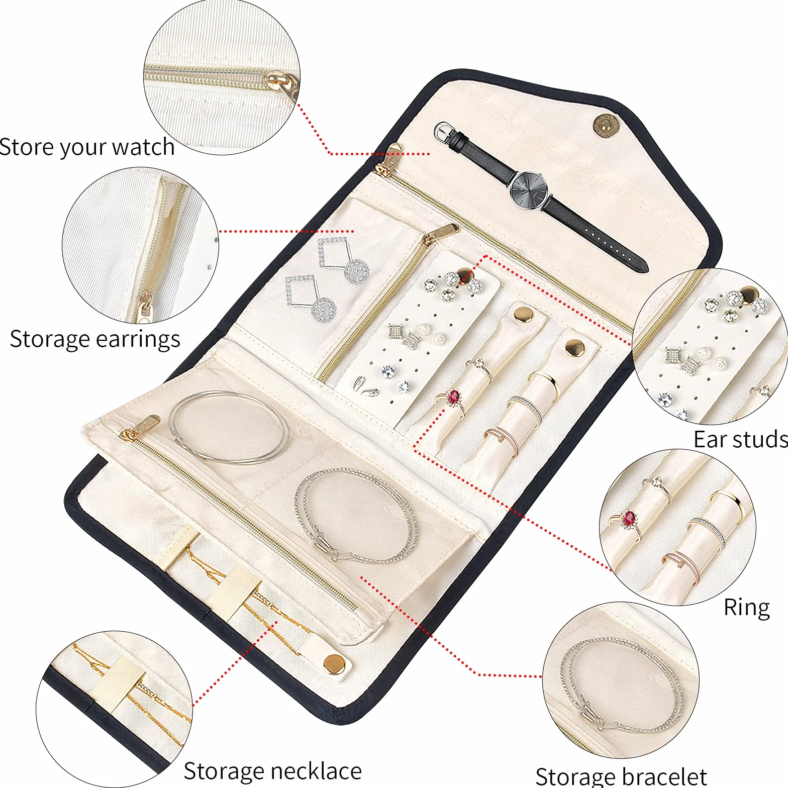 Bolsa de rodillos de joyería para viaje, plegable, bolsa de almacenamiento para joyas, organizador para almacenamiento de pulsera, collar