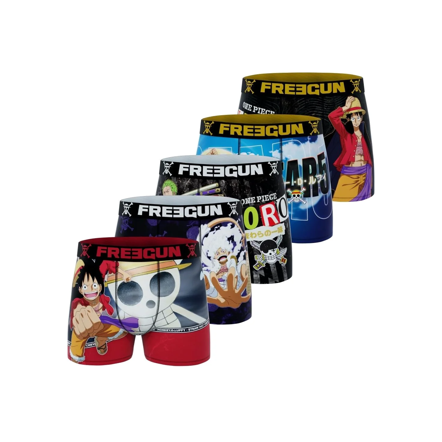 FREEGUN Calzoncillos Hombre Boxer Luffy, Roronoa zoro, Ropa Interior Hombre, ONE PIECE, Cómodo y Dulce (Lote de 5)