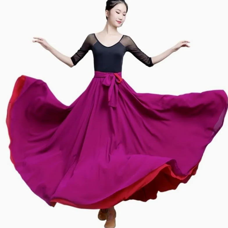 Falda Larga de Gasa con Dos Lados en Contraste de Color de 8M for Primavera y Verano, Estilo Bohemio(Purple Red,XL)