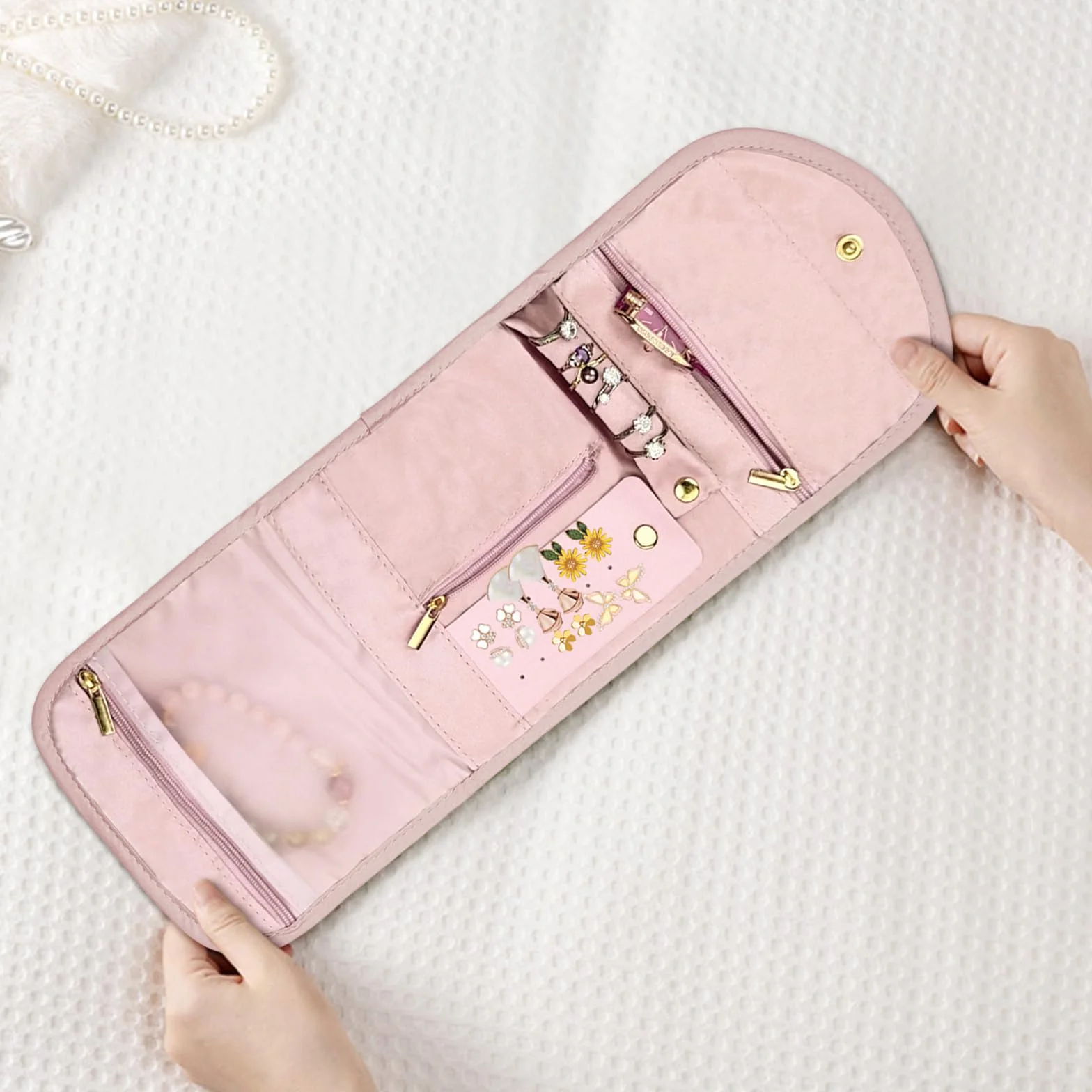 AfitLulu Joyero Mujer Bolsa Organizadora de Joyas, Portátil Joyero Viaje Plegable para Niñas y Mujeres, Bolsa de Almacenamiento de Joyas para Anillos, Pendientes, Collares, Pulseras (Rosa)