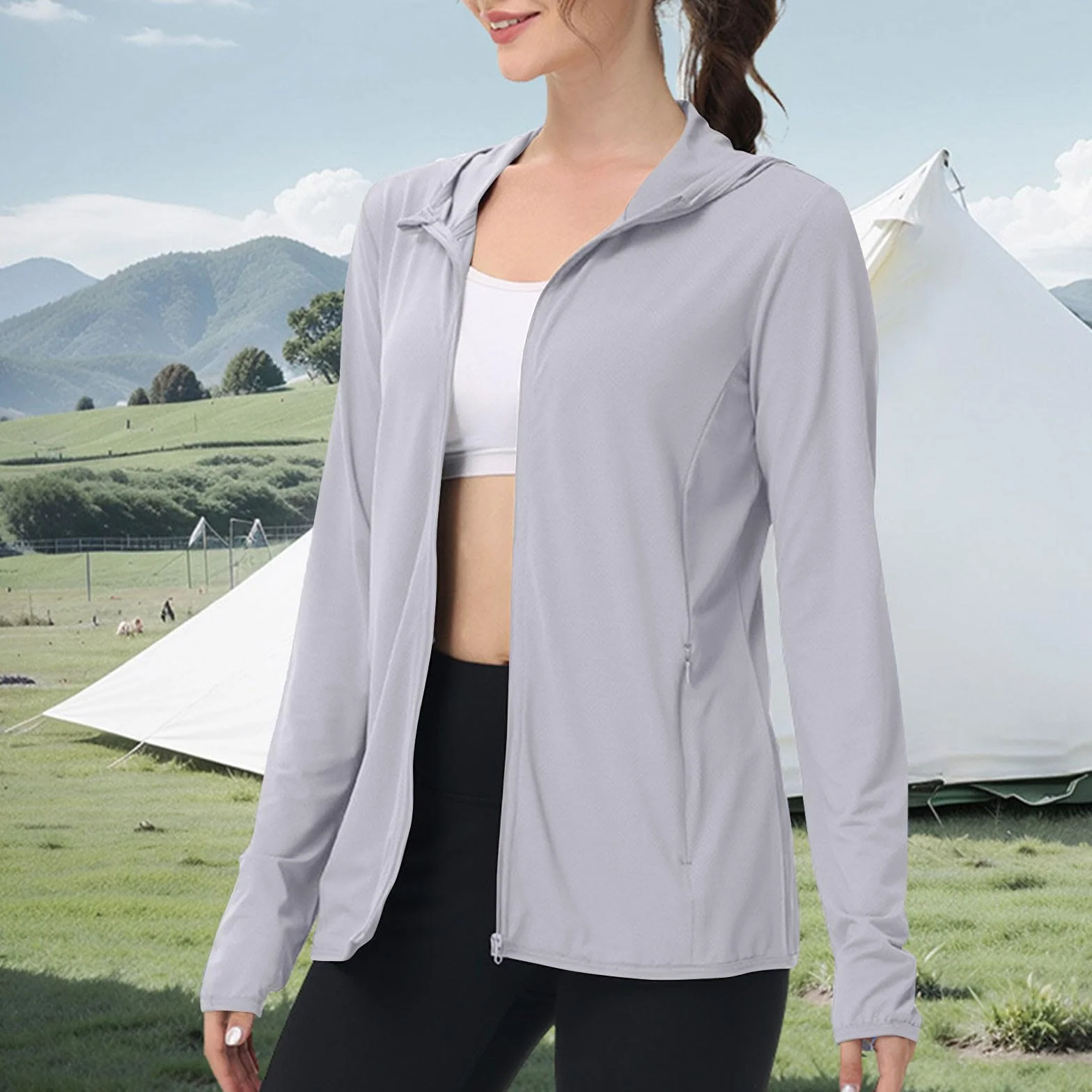 Chaqueta de protección UV para mujer manga larga transpirable capucha deportiva verano