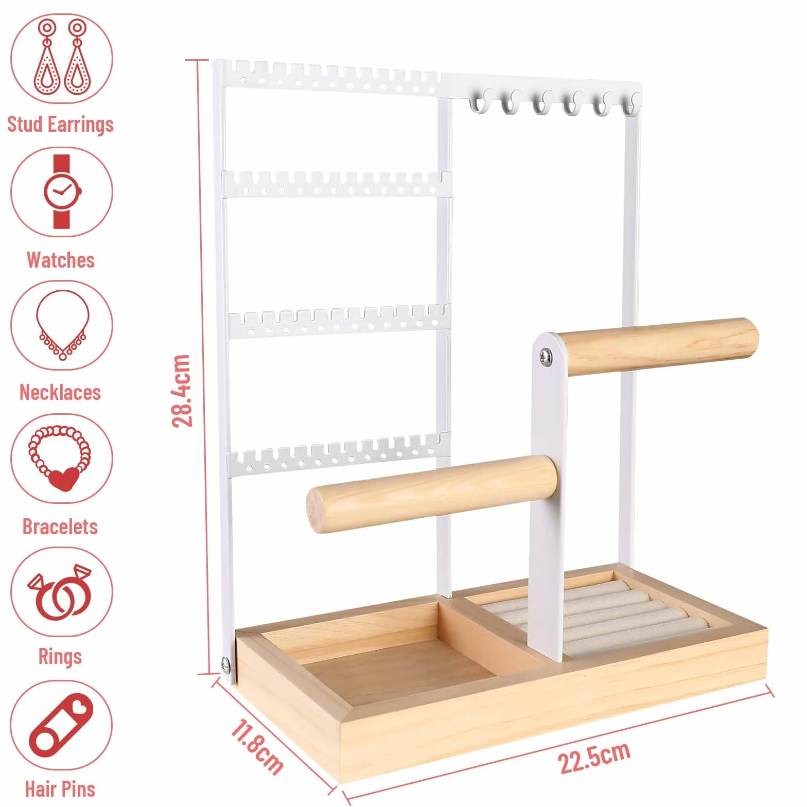 Soporte para joyas, Expositor de Joyas con Bandeja de Madera y Metal para Collares Pulseras Pendientes