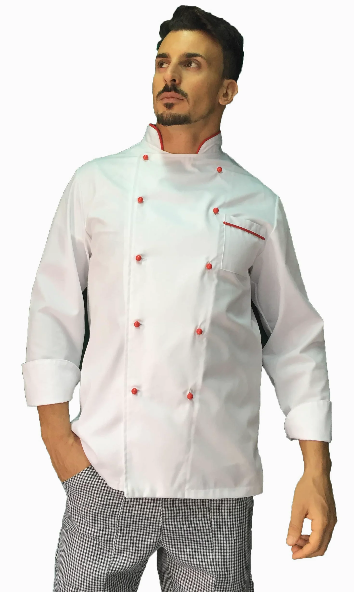 tessile astorino Ricamo Gratuito - Conjunto de cocina - Divisa Chef blanca y roja - Chaqueta, pantalón y delantal - Made in Italy, Color blanco., L