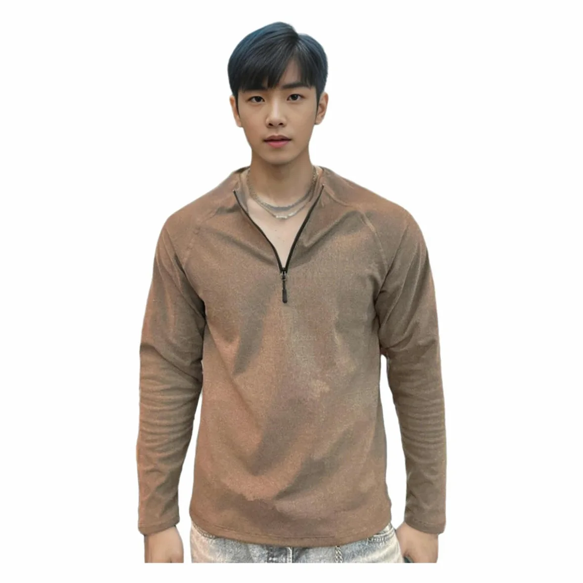 Camiseta Manga Larga Hombre Otoño E Invierno Fit De Vellón Fanado Baode Caliente High Elástico Cuello Reductor Copa para Hombres-marrón Claro-XXXL