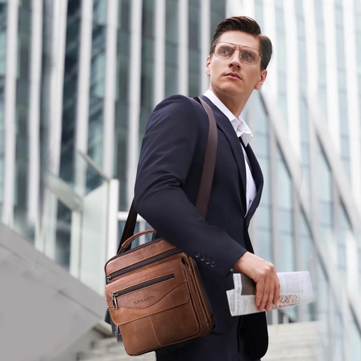 SPAHER Bandolera de Cuero Grande Bolso Piel Caballero Mariconeras para Hombres Man Bag