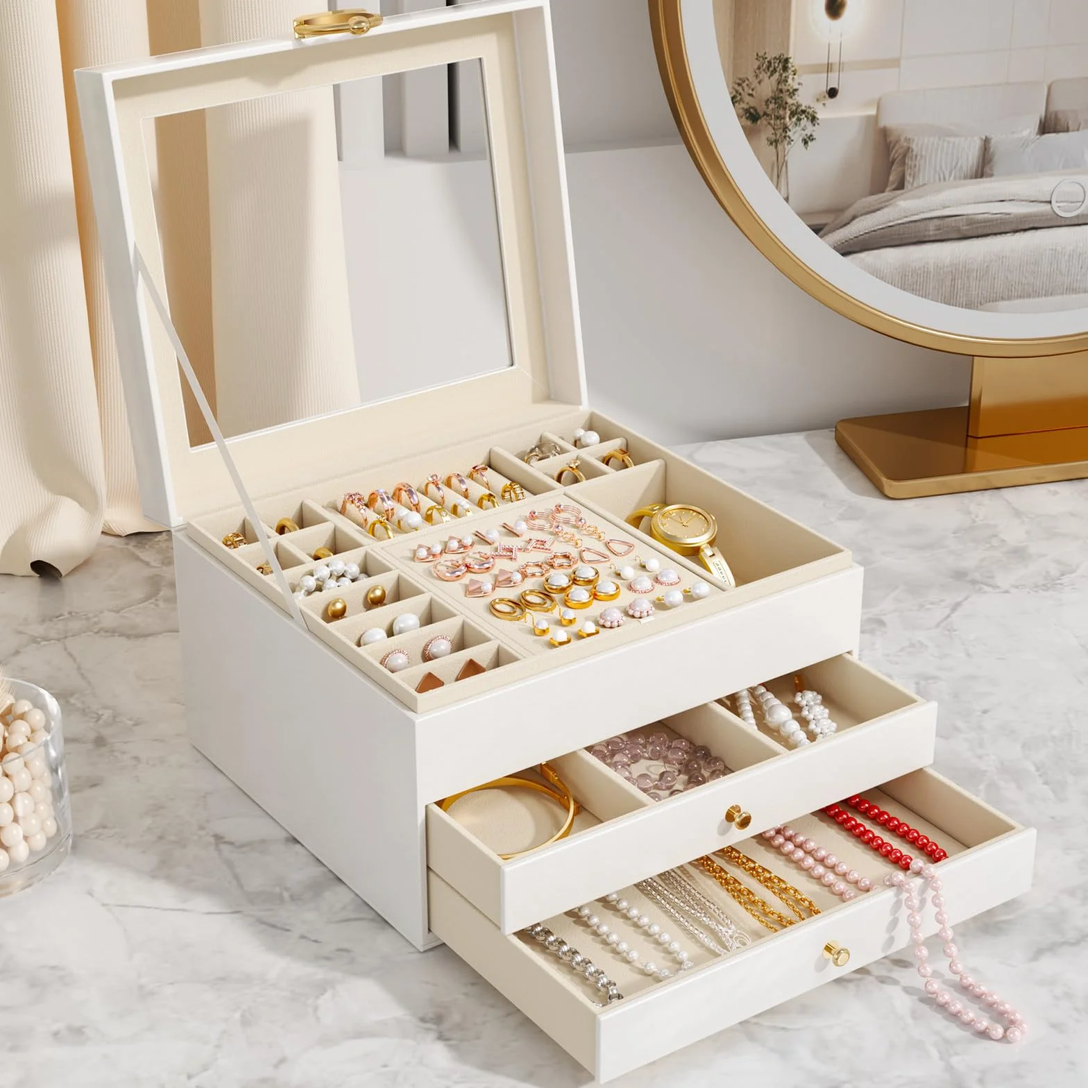 Caja Grande para Joyas 3 Niveles 24 Compartimentos Organizador de Anillos Collares y Pendientes con Tapa Transparente Blanco Mate