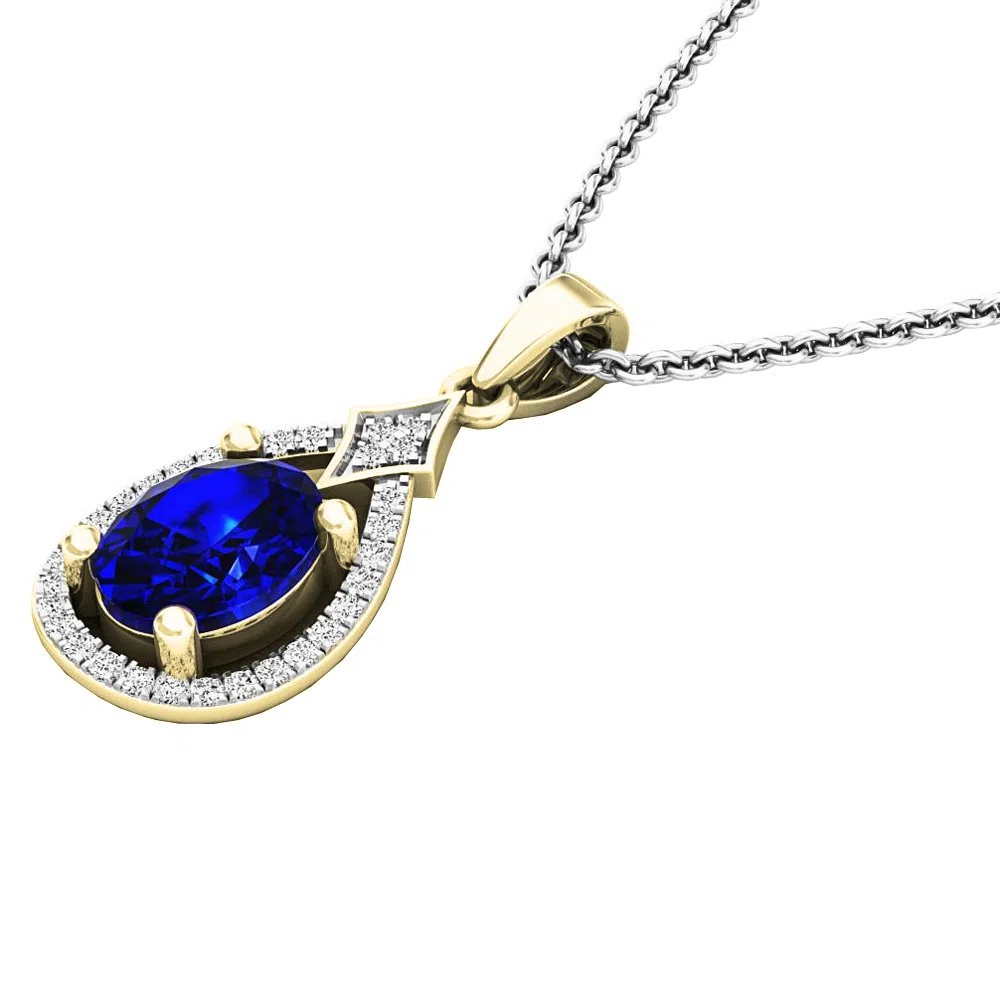 14 K oro 8 x 6 mm Oval Azul zafiro y diamante redondo señoras colgante (cadena de plata incluidas)