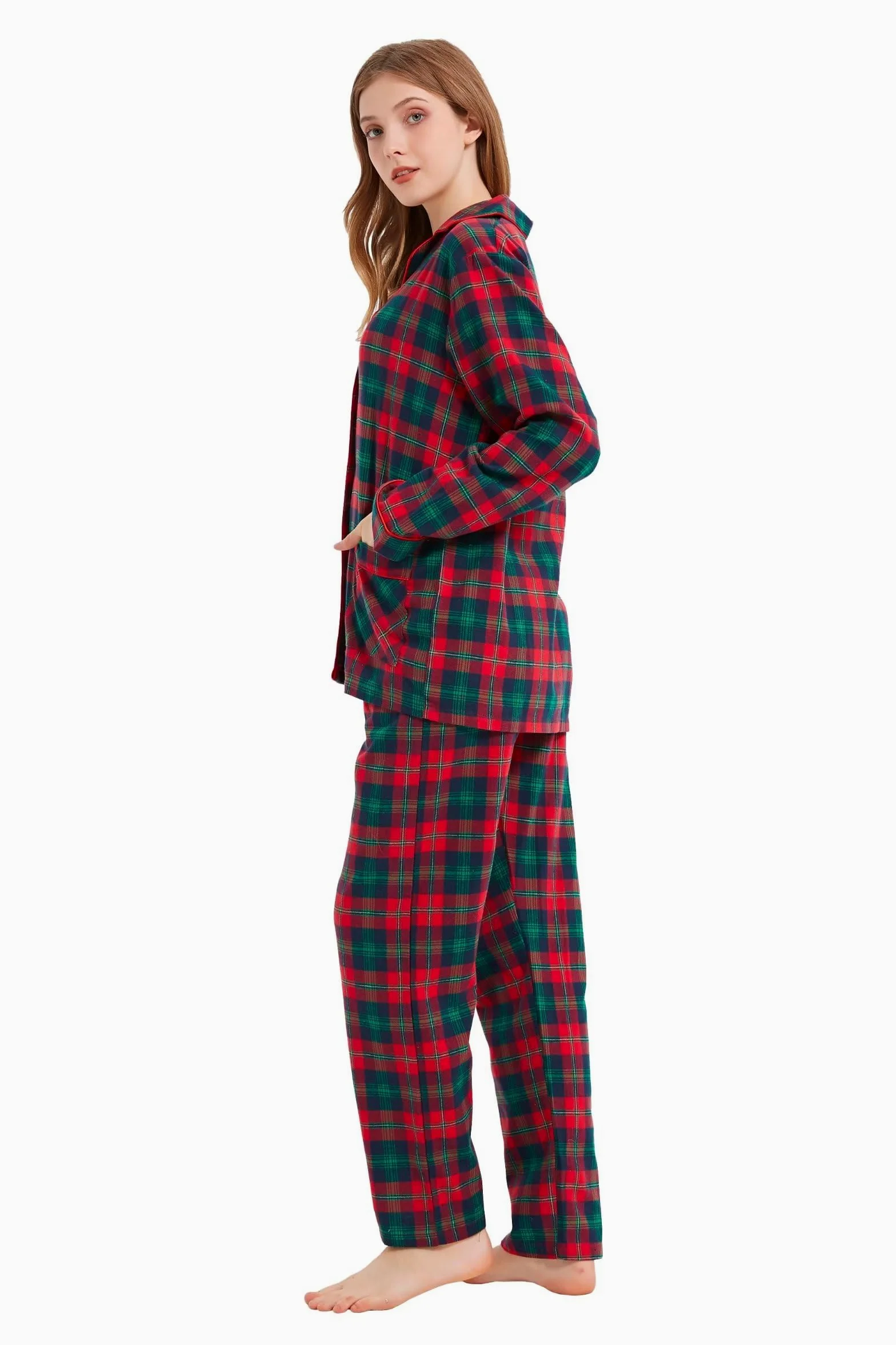 Conjunto de pijama de franela de algodón 100% para mujer, teñido en hilo, acogedor pijama de manga larga para el invierno