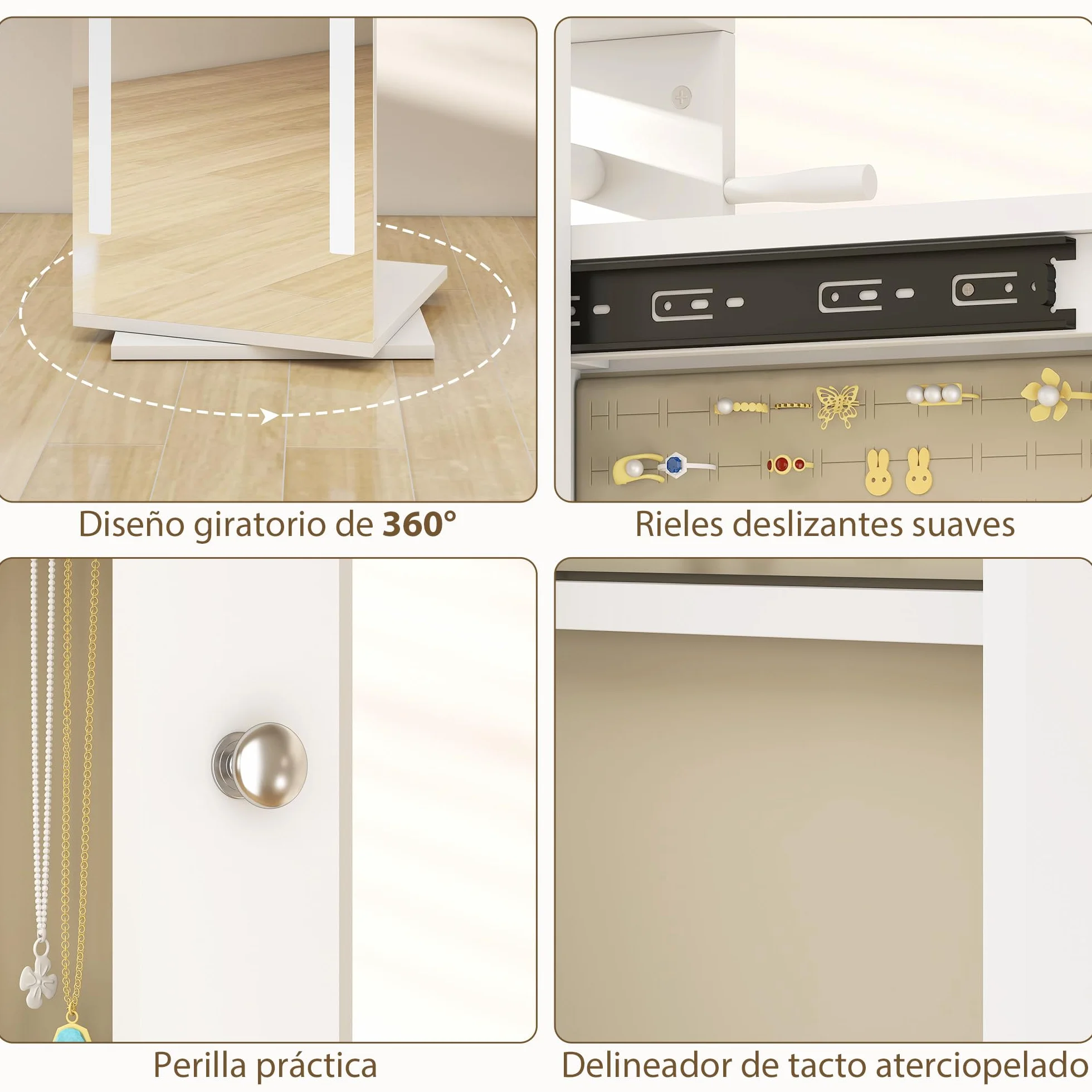 HOMCOM Espejo Joyero con Luces LED, Armario Joyero con Espejo de Cuerpo Entero sin Marco, Armario para Joyas Giratorio 360° con Estantes Abiertos, Perchero y Barras para Colgar, Blanco y Forro Beige