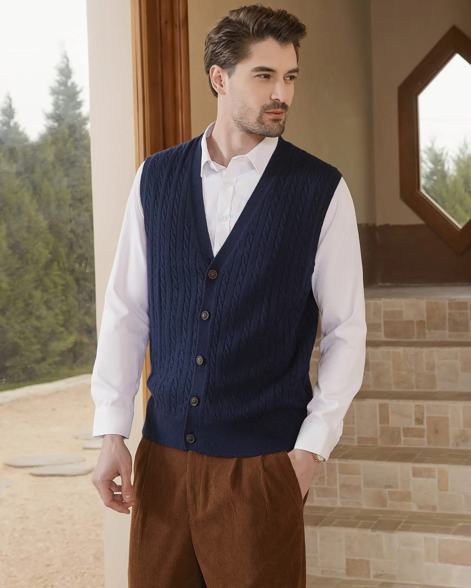 Kallspin Hombres de Lana Blend Chalecos Suéter V Cuello de Punto de Cable sin Mangas de Tejido Tricotado Botón Cardigan