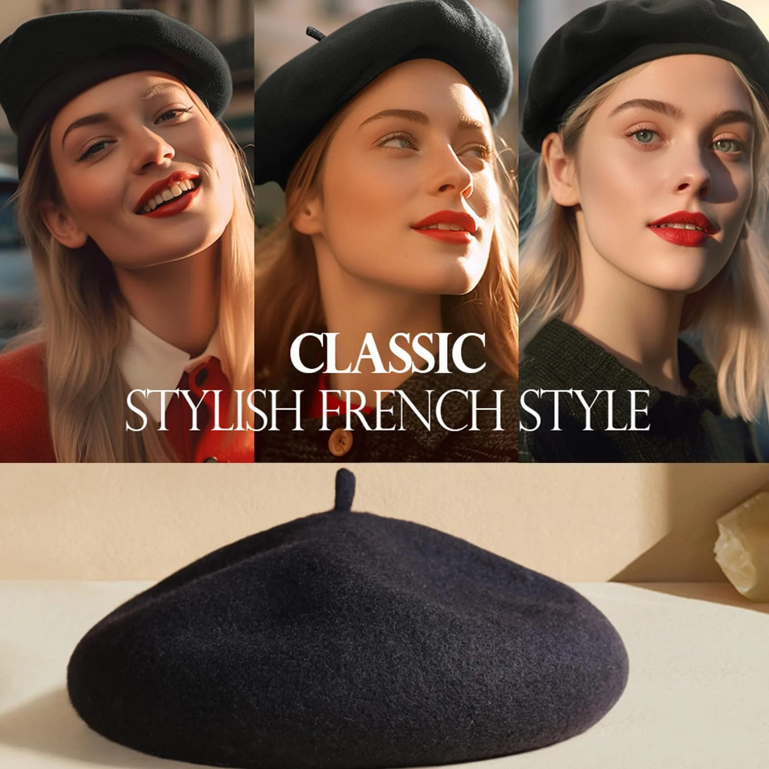JSTHHTT 3 Piezas Sombrero de Boina Francés, Clásica Lana Gorro para Mujeres, Invierno Artista Cálido Moderno Pintor Sombrero Otoño Redondo Vintage