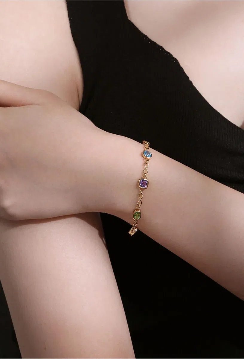KnSam Pulseras de oro amarillo de 9 K/14 K/18 K, topacio para mujer, infinito, talla redonda, azul, joyas auténticas pulseras con peridoto de oro de 18/14/9 quilates