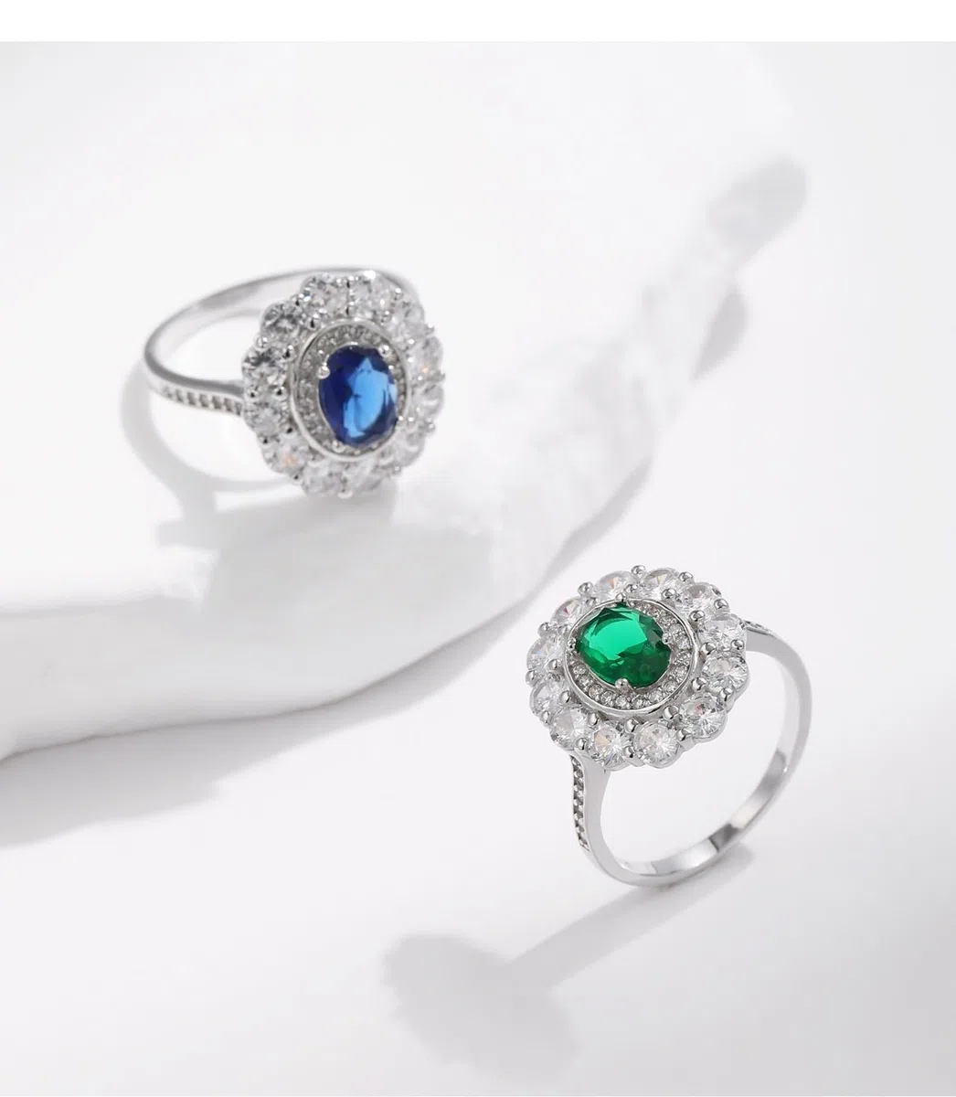 Anillos de boda de oro blanco, anillos para mujer, dedo medio, ovalado, con esmeralda fabricada en laboratorio