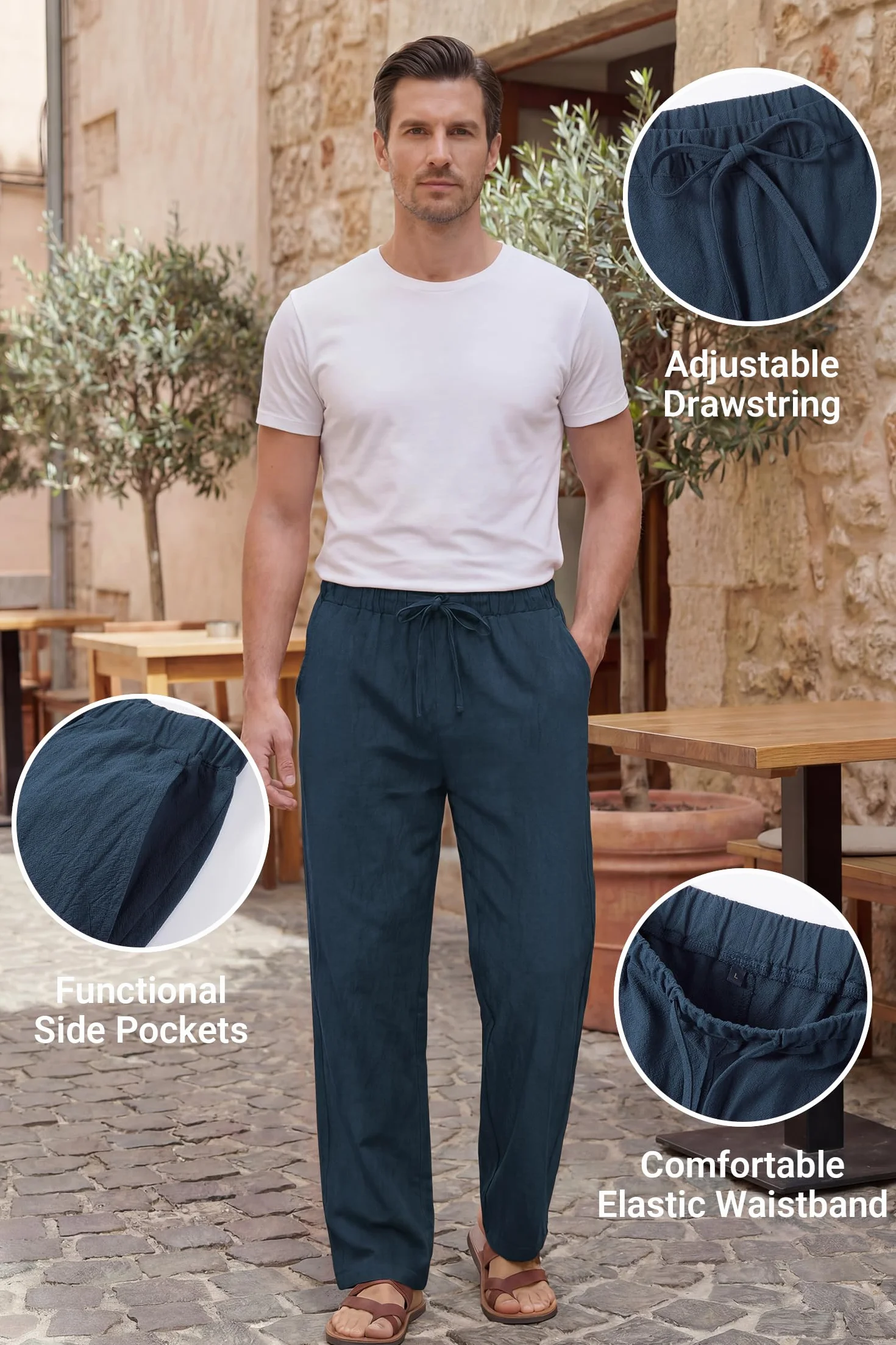 Enlision Pantalones Lino Hombre Verano Cintura Elástica Pantalones de Lino Hombre Casual con Bolsilos Ligeros S-2XL
