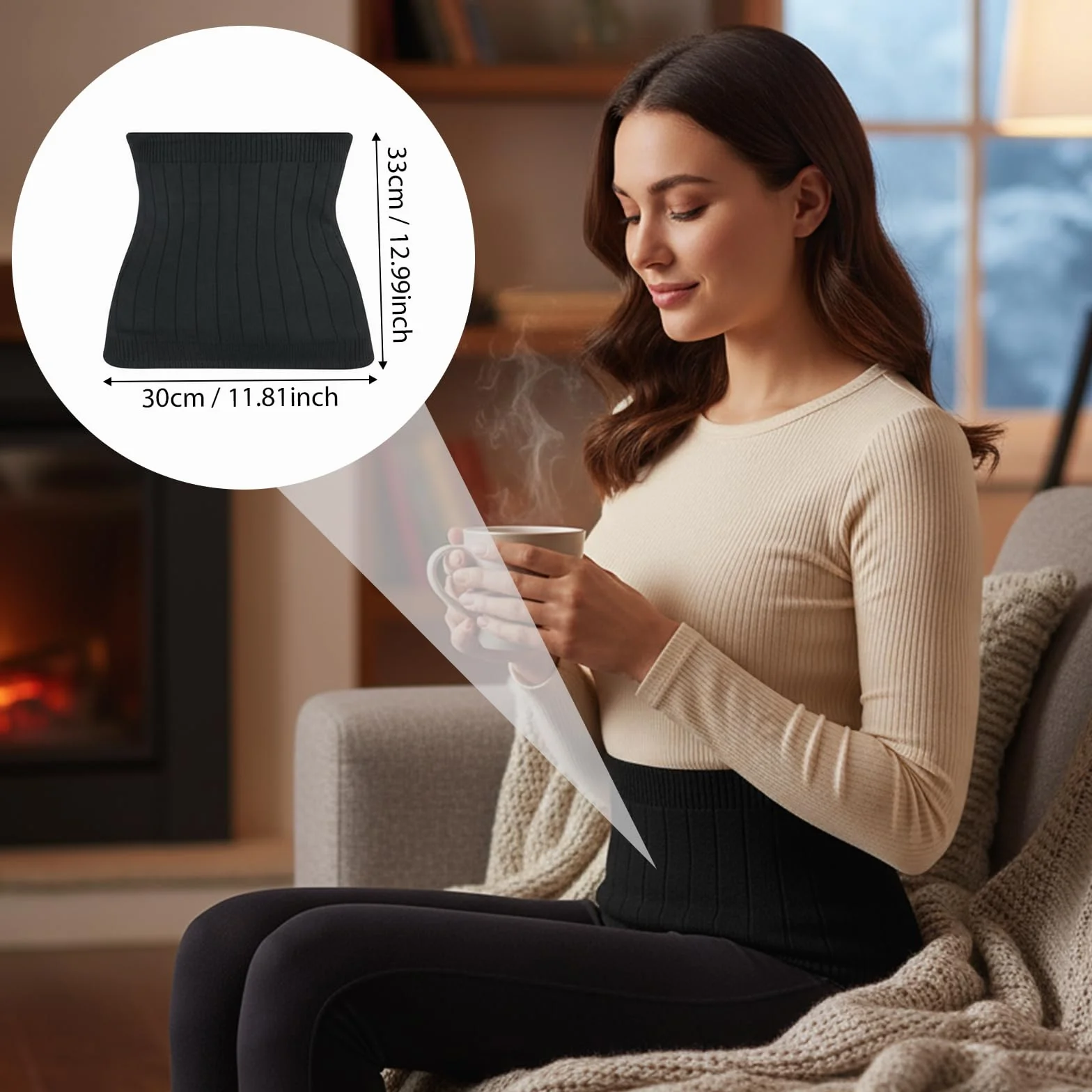 Faja Térmica, Haramaki, Cinturón Lumbar, Caliente Y Protección Contra El Frío, Grueso Y Con Forro De Pelo, Adecuado Para Mujeres, Hombres Y Personas Mayores (Negro, 30 * 30 Cm)