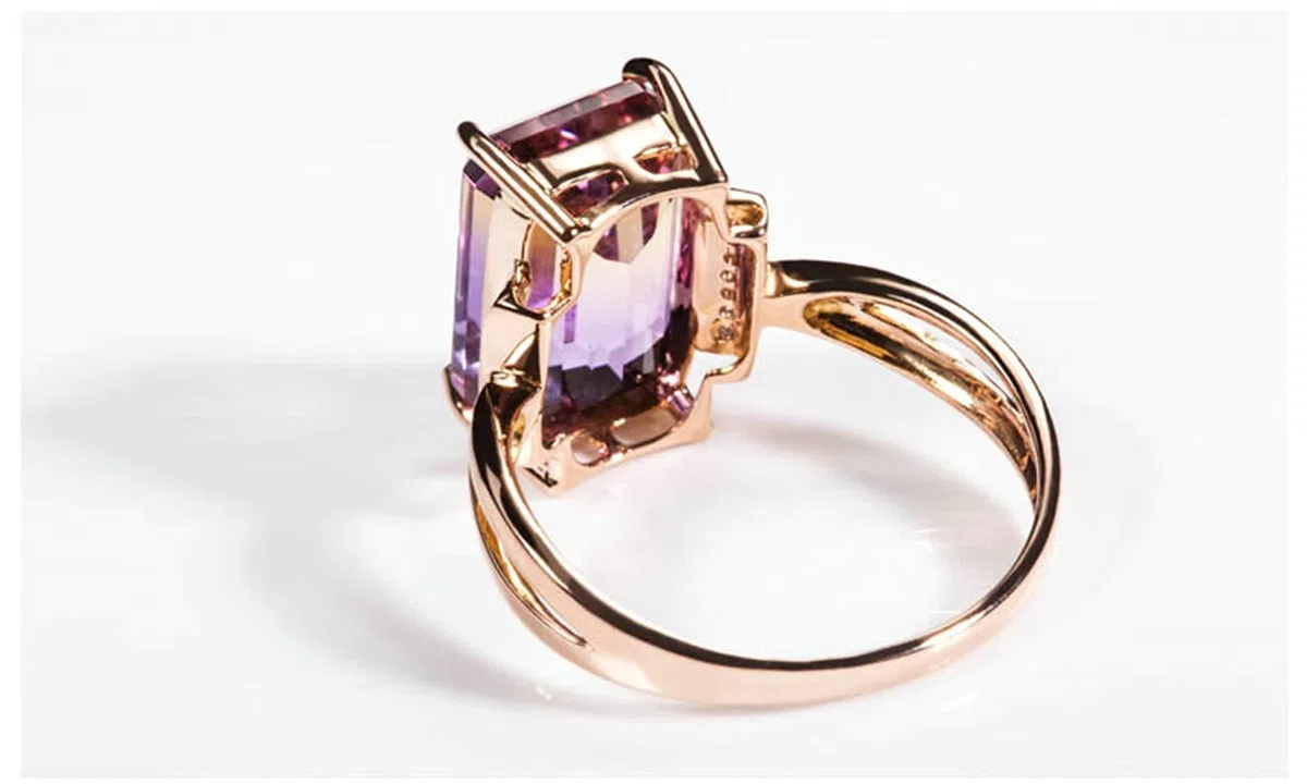 Sortijas de Oro Mujer 18K, Anillos de Mujer de Compromiso Ametrino Rectángulo Oro Rosa 18 Kilates con Certificado