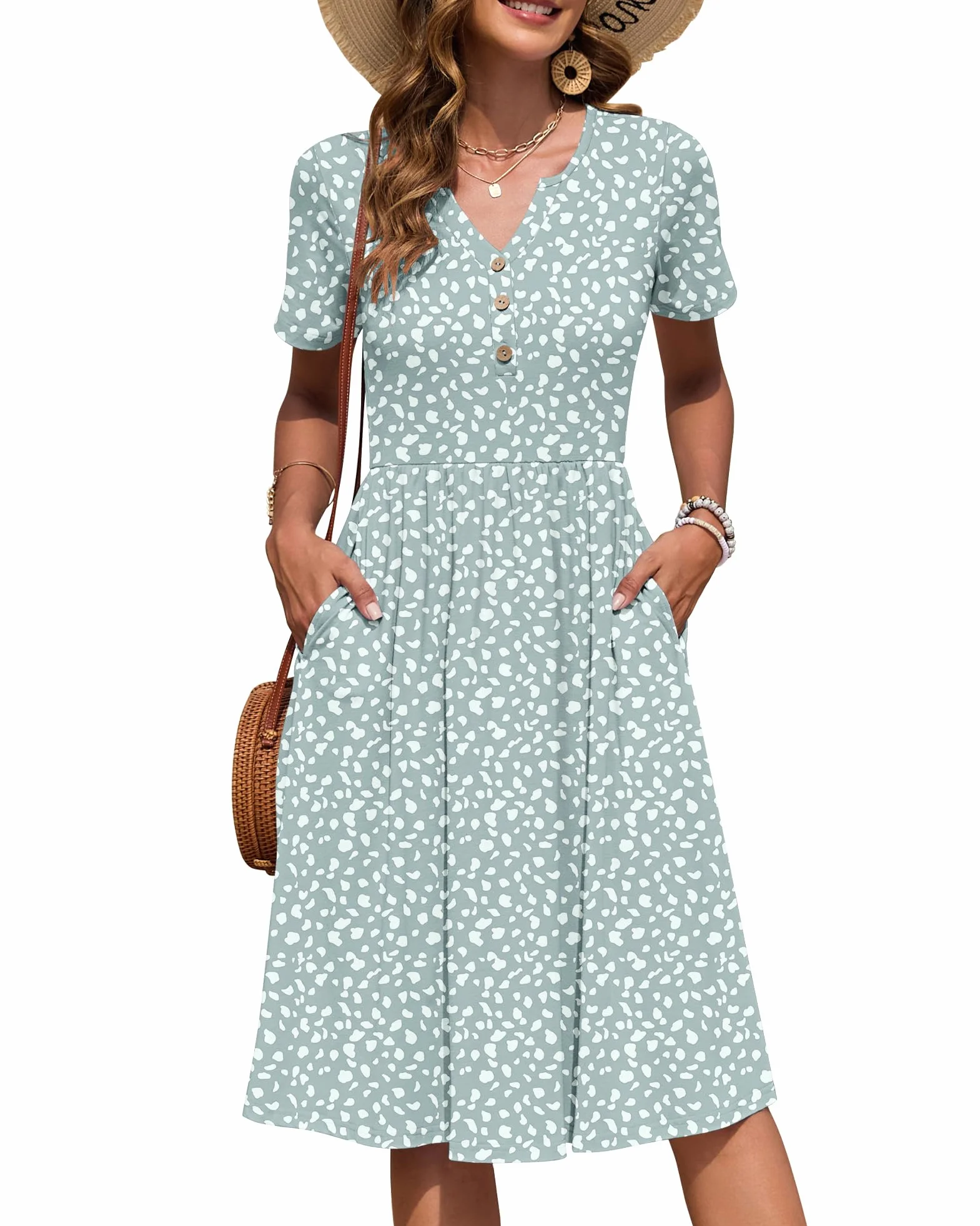 AUSELILY Vestido Verano Manga Corta Mujer Largo Rodilla Cuello V Plisado Bolsillos