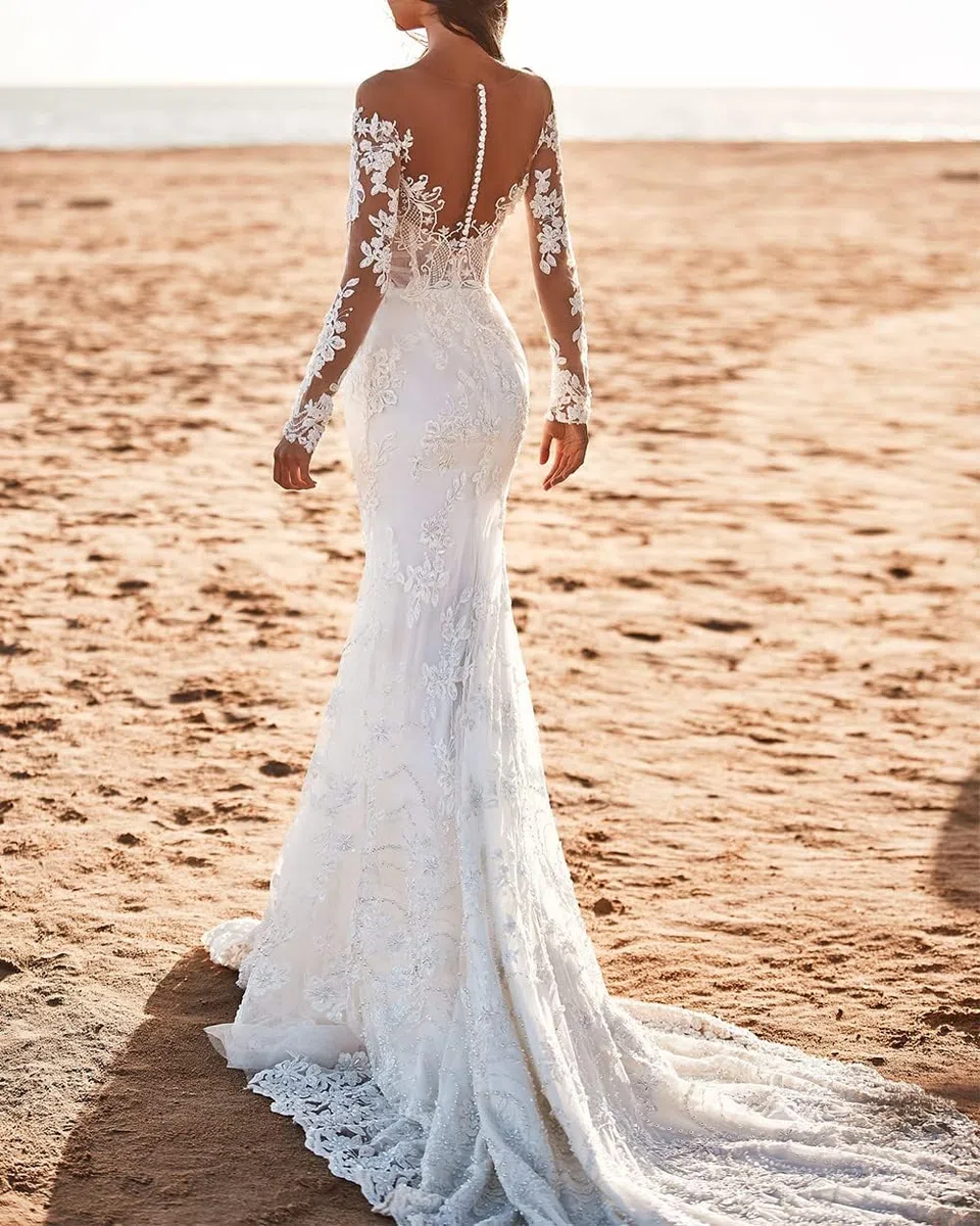 Vestido de Novia de Sirena de Manga Larga de Tul Civil, Blanco, 48