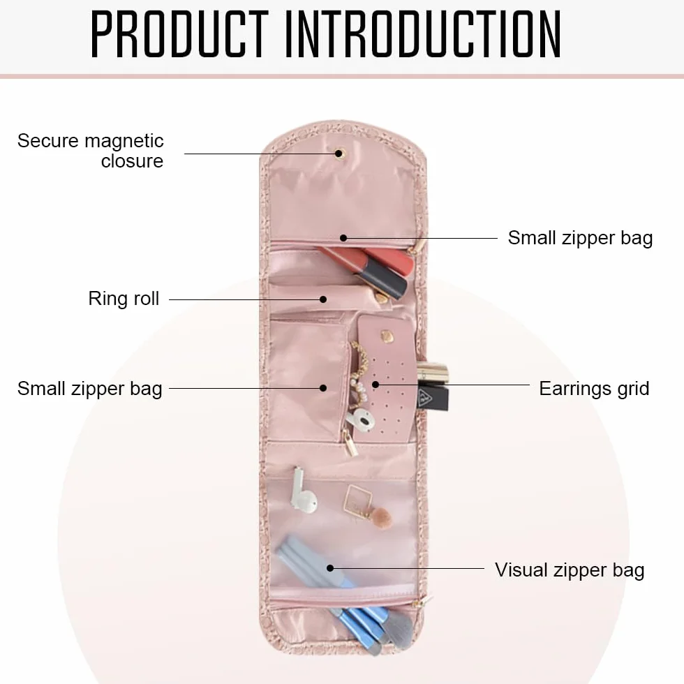 Bolsa de rodillos para joyas, organizador de viaje, piel sintética, almacenamiento para pendientes, rosa