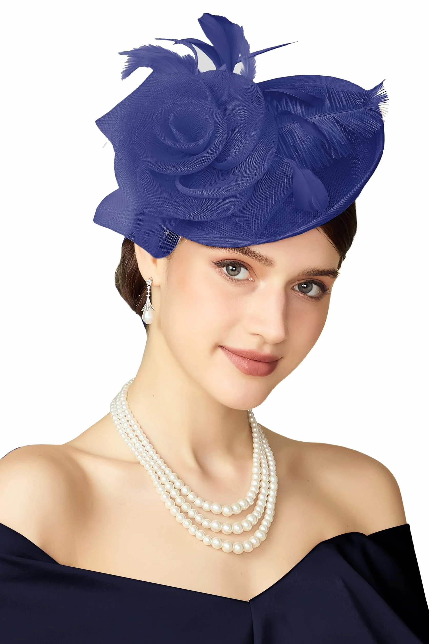 BABEYOND Tocado de mujer con plumas y flores de malla, elegante gorro con clip para el pelo para bodas, día de carrera de damas, fiesta de cóctel