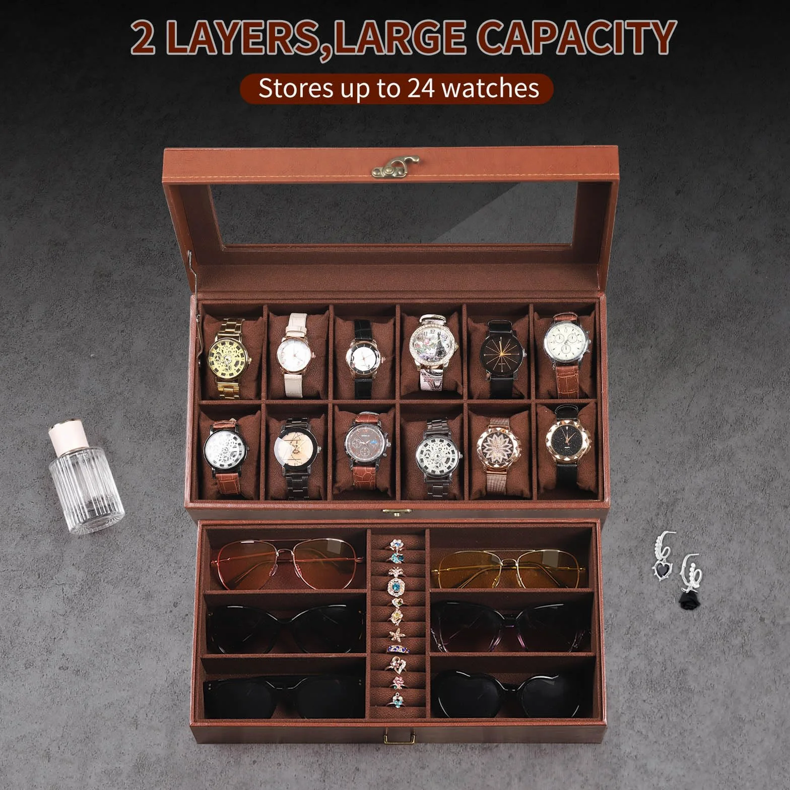 AUTOARK Caja de cuero y terciopelo para 12 relojes y organizador de lentes de sol de 6 piezas, 2 capas con 1 cajón, con cerradura, parte superior de cristal grande, MKAW041