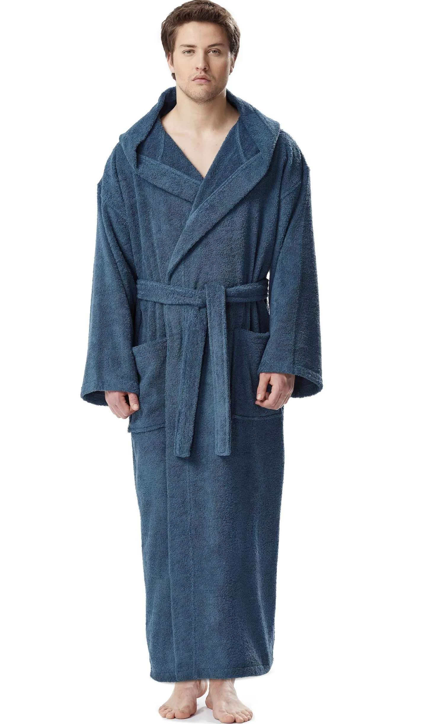 Arus Mclass - Albornoz de baño para hombre, longitud hasta la pantorrilla o largo, hasta el tobillo, con capucha, 100% algodón de rizo