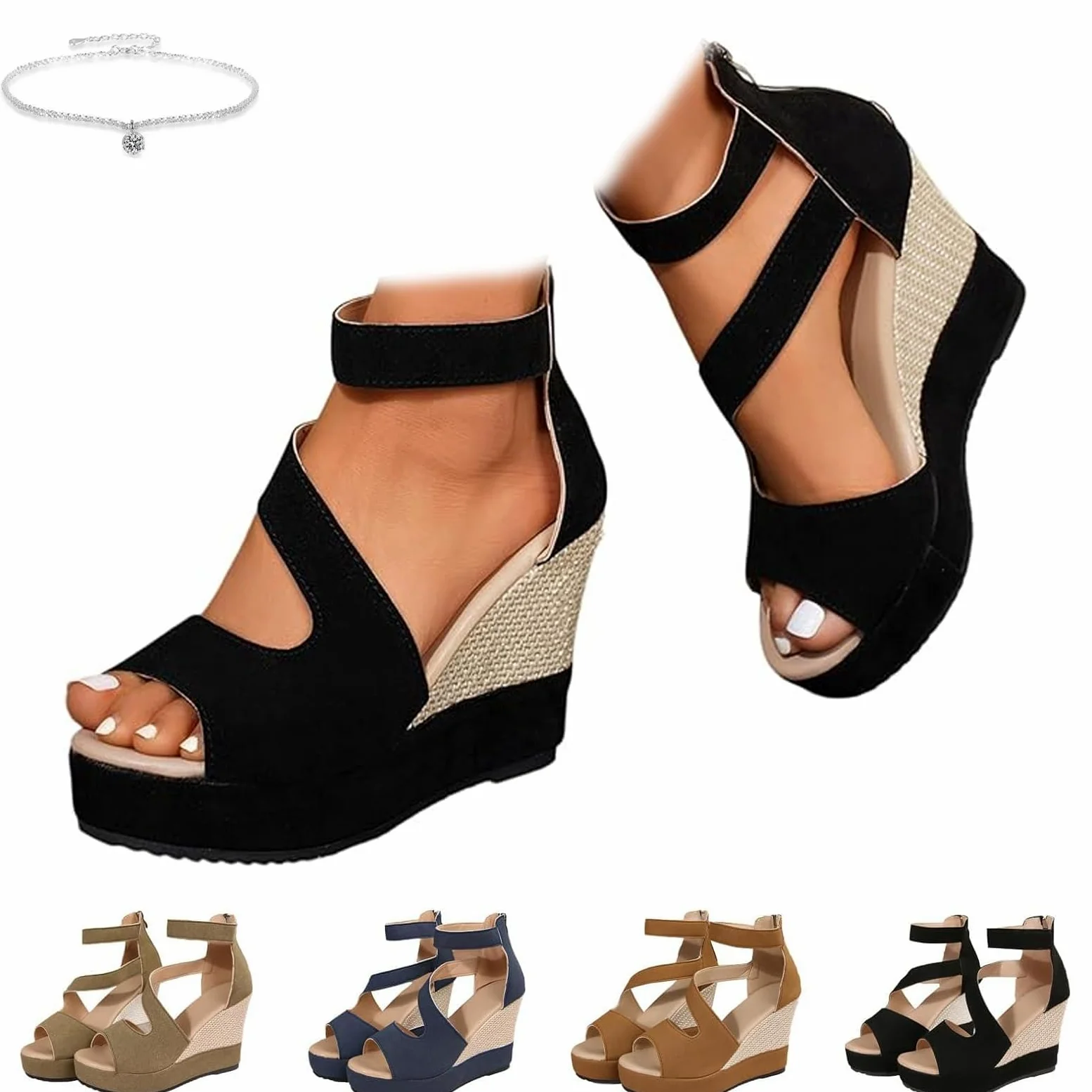 Sandalias ortopédicas de cuña para mujer, elegantes, sandalias de plataforma de verano para mujer, con puntera abierta, cuñas de tacón alto con cremallera trasera, para bodas, fiestas de noche